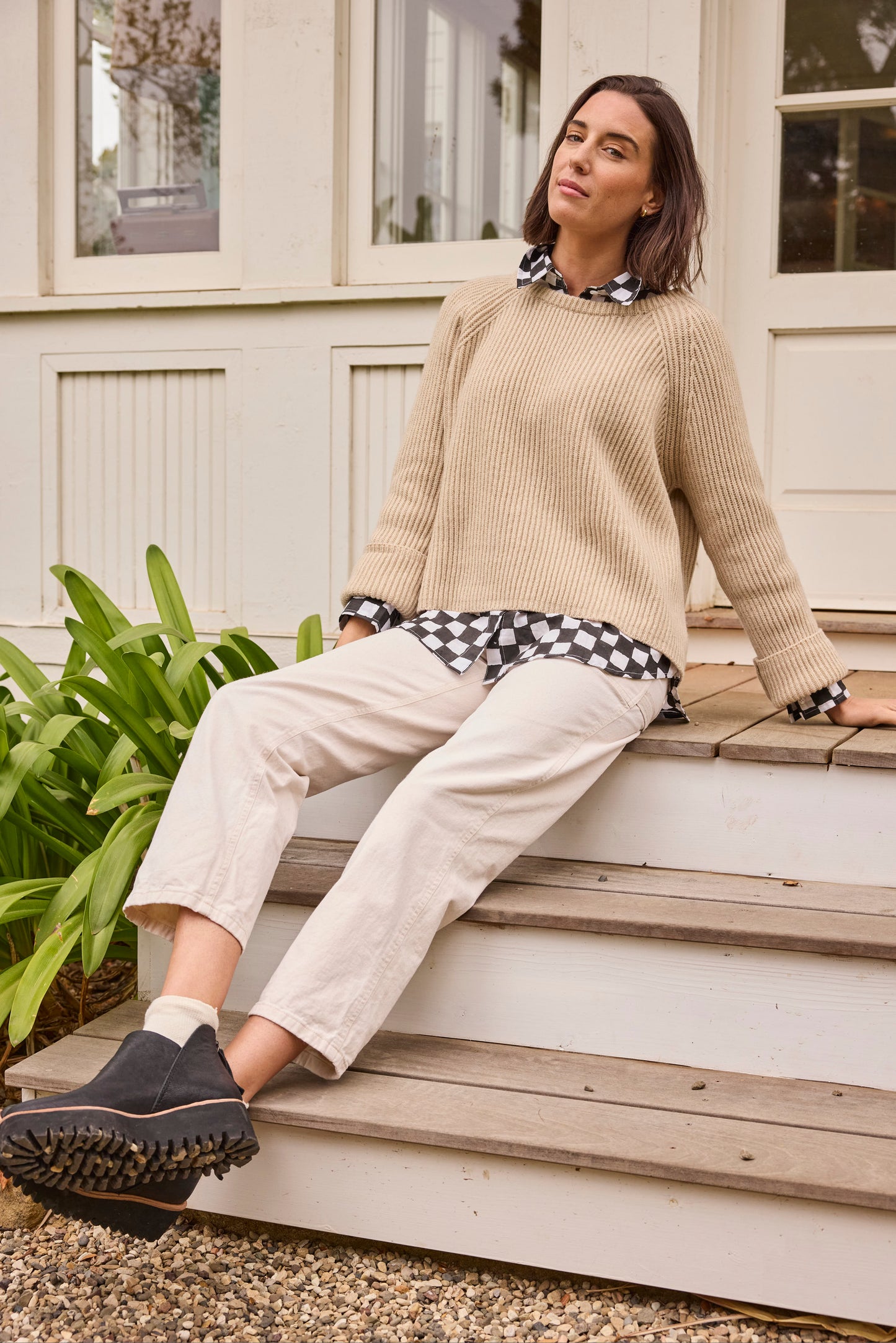 Montauk Shaker Recycled Cashmere Sweater - Oatmeal 15 - Full - Lifestyle