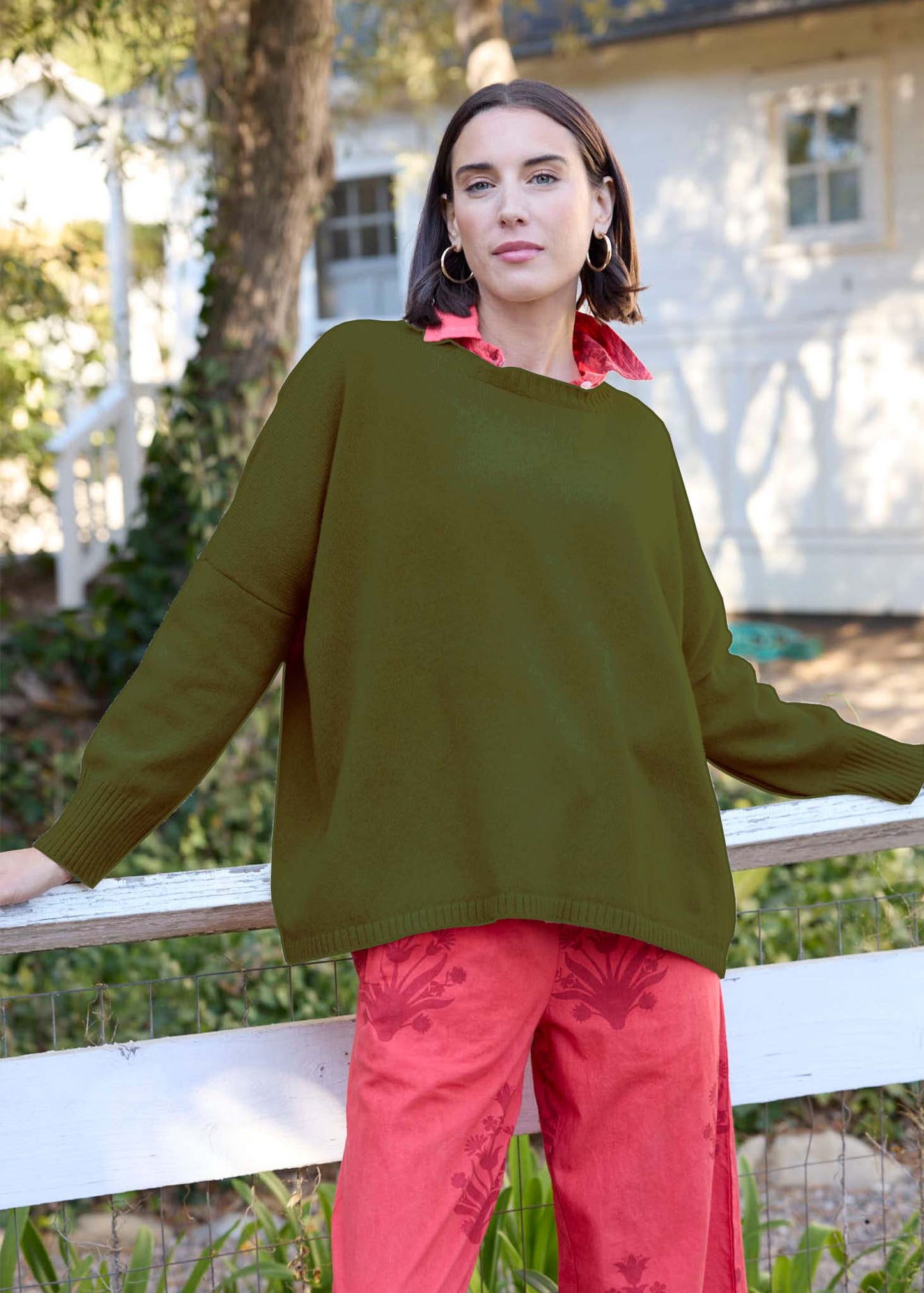 Nantucket Boxy Recycled Cashmere Sweater - Olive Oil 3 - Front - Outdoor
