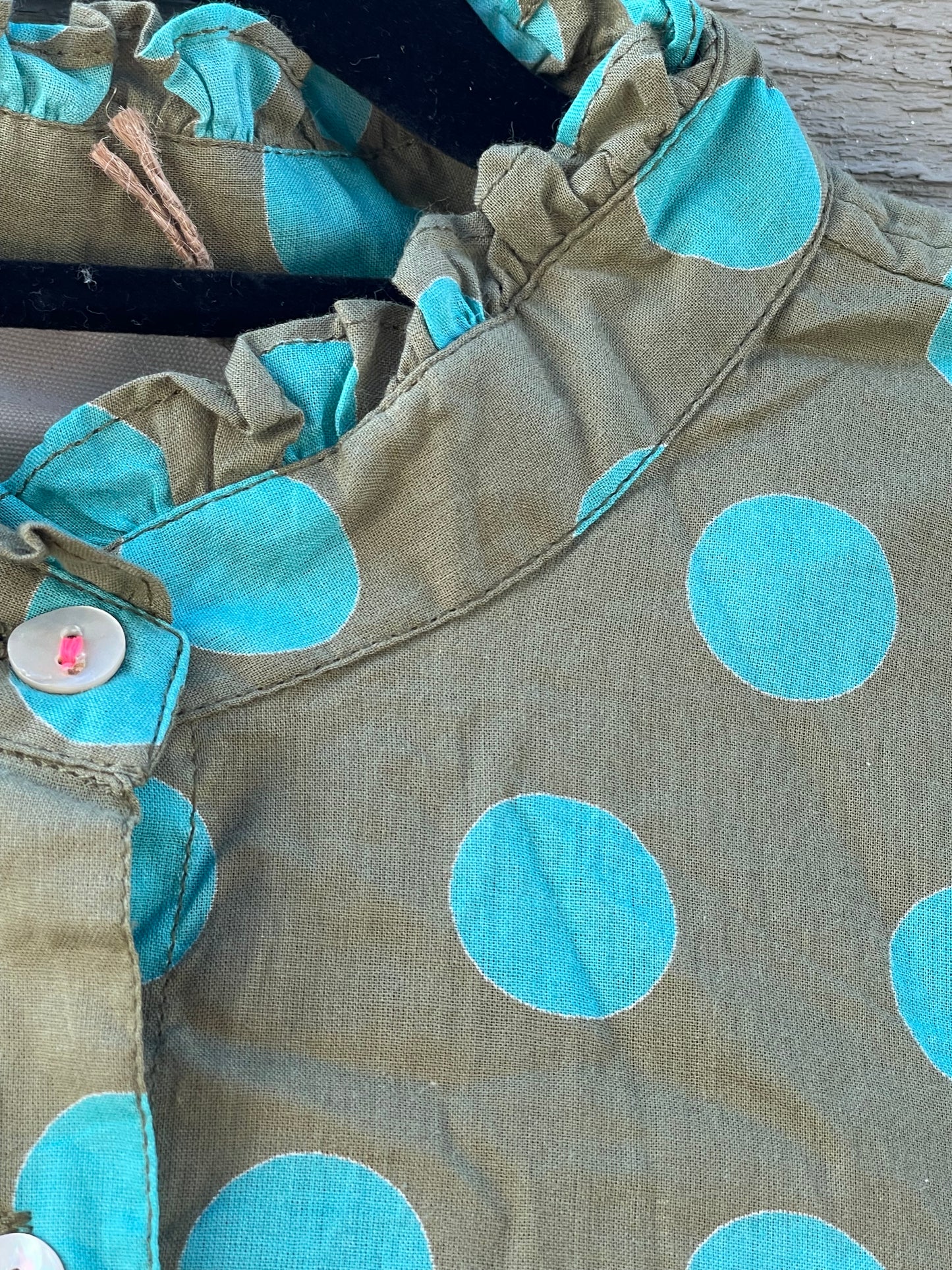 Good Girlfriend Shirt with Ruffle Trim - True Dot Olive/Cerulean 7 - Collar Close up