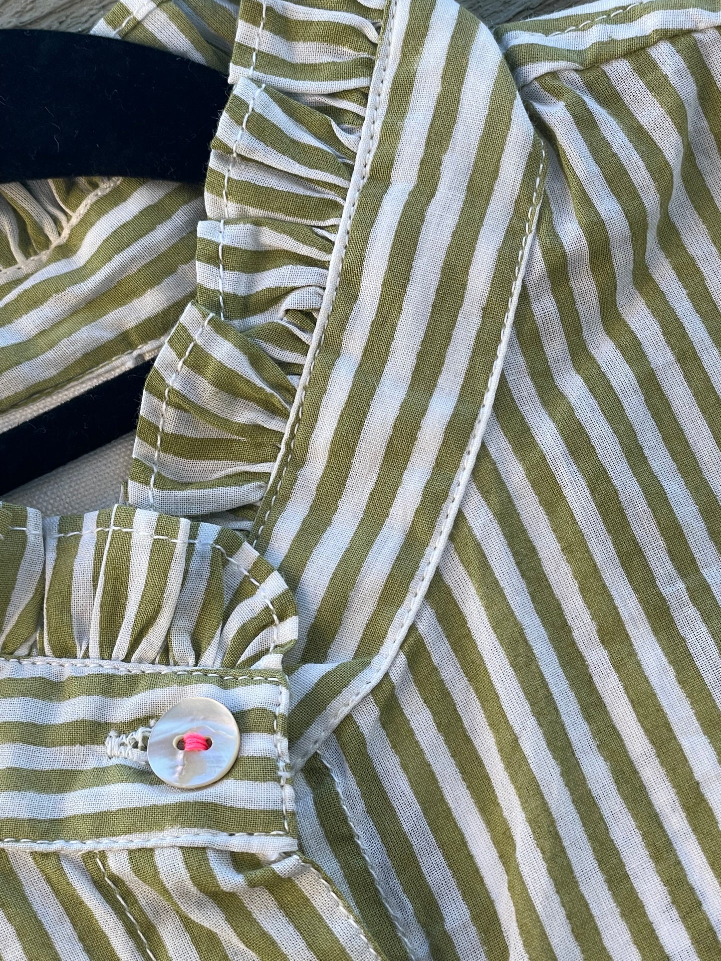 Good Girlfriend Shirt with Ruffle Trim Menswear Stripe Olive 7 - Collar close up
