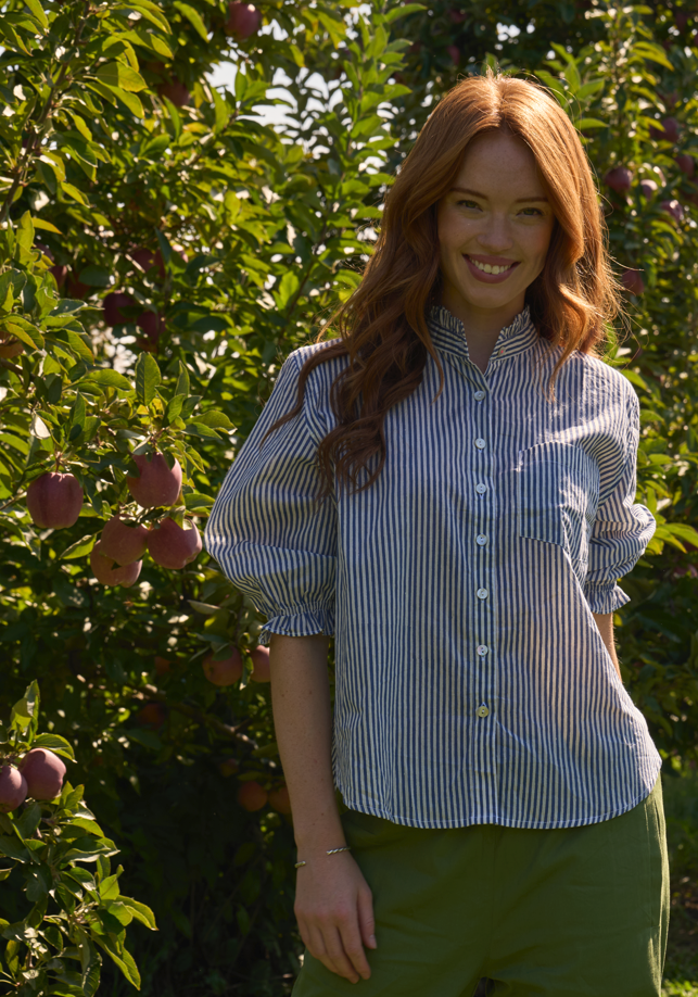 Good Girlfriend Shirt with Ruffle Trim Menswear Stripe Coastal Blue