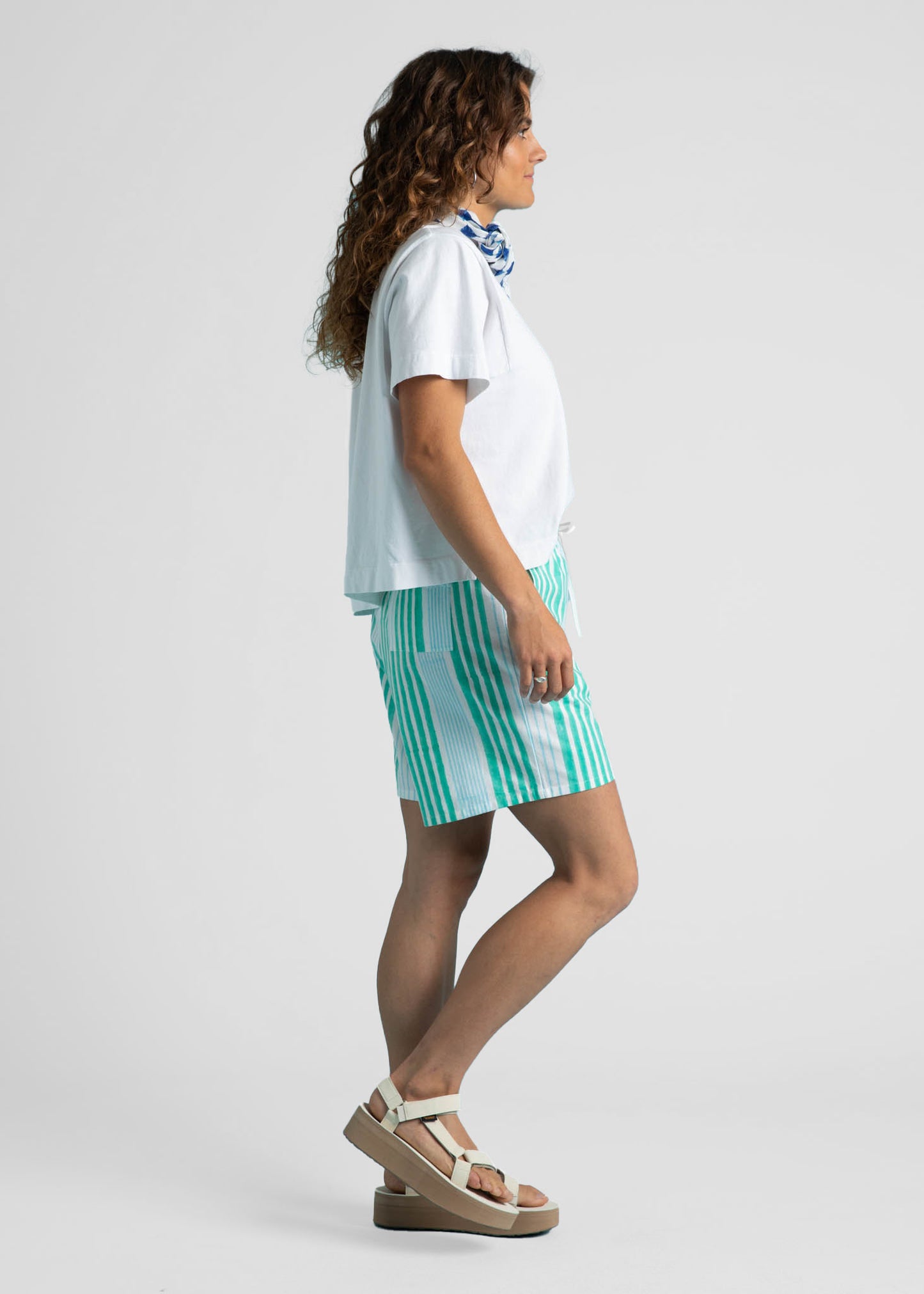 Shore Shorts - Mixed Up Stripe - Seaglass & Cerulean 5 - Side view