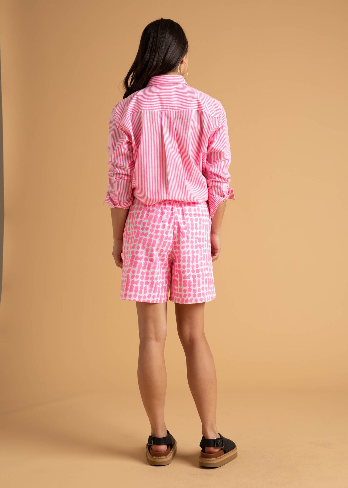 Good Boyfriend Shirt - Menswear Stripe Neon Pink 13 - Back - Studio - Tucked