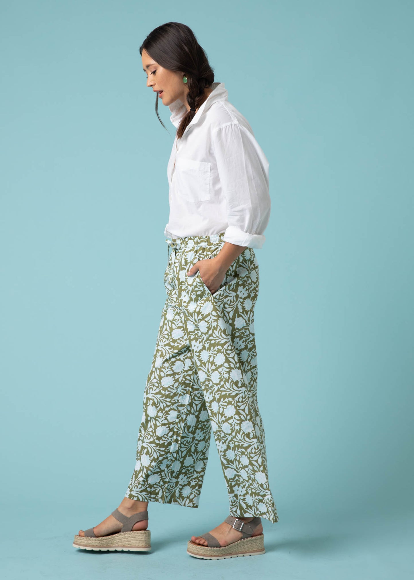 Shore Pant - Floral Escape in Olive Oil & Cerulean 7 - Sideview