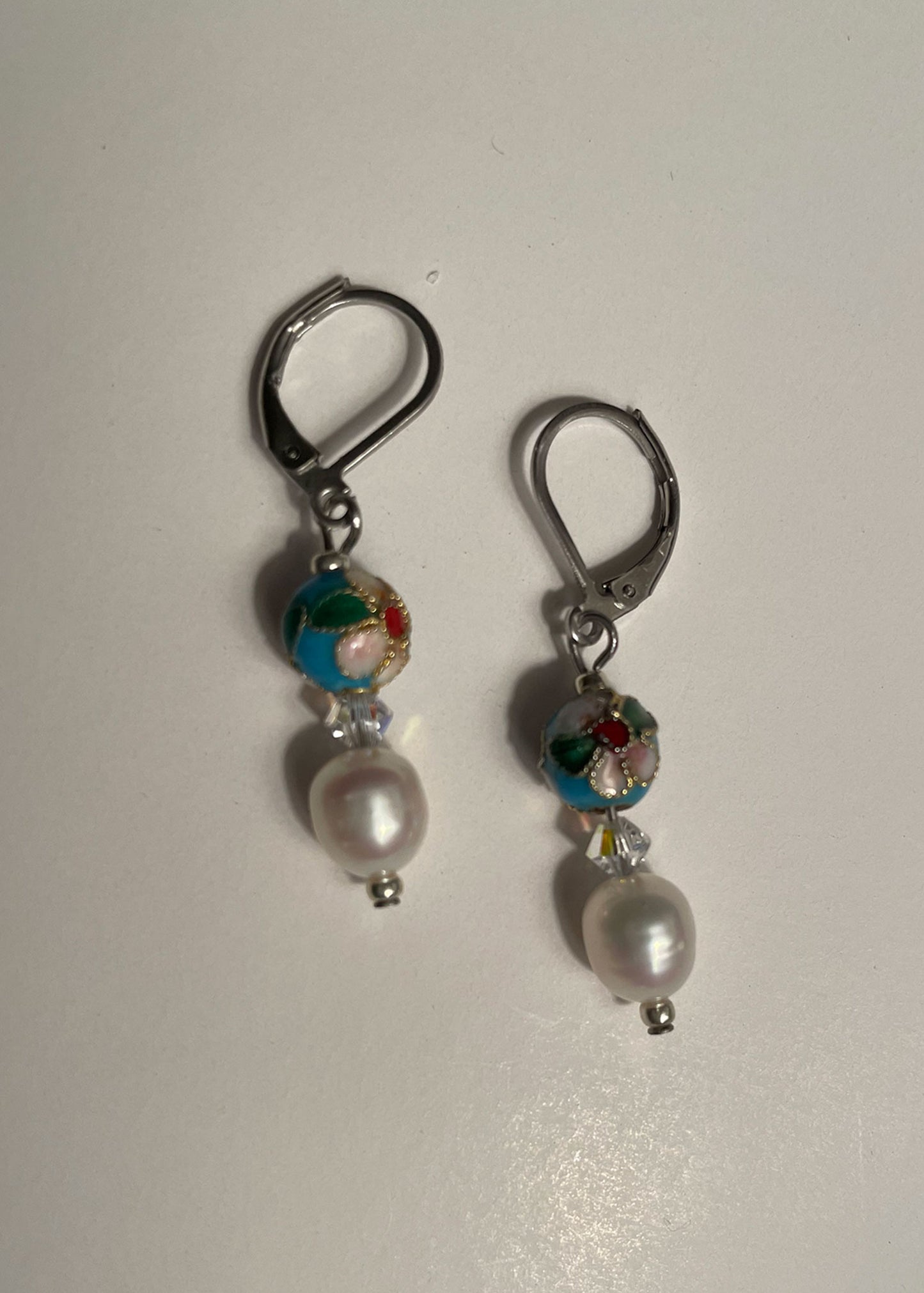 Floral Cloisonné Pearl Earrings