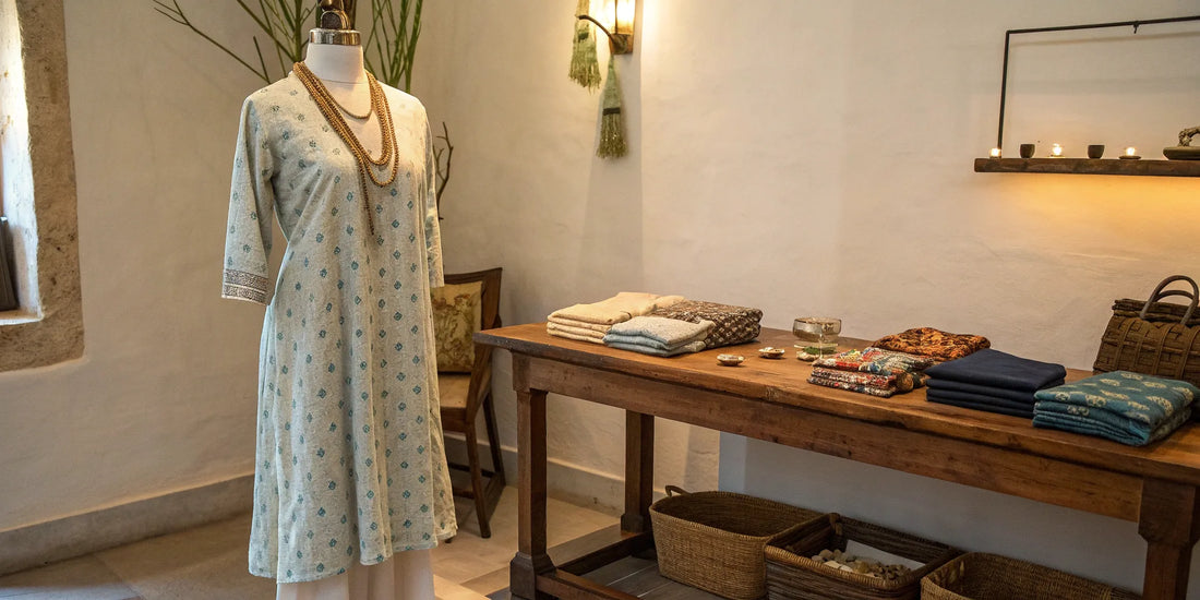 An artisan-made dress and other pieces from fair trade clothing brands.