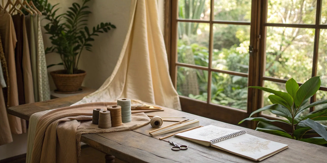 Natural fabrics, thread, and a sketchbook on a table, defining what sustainable fashion is.
