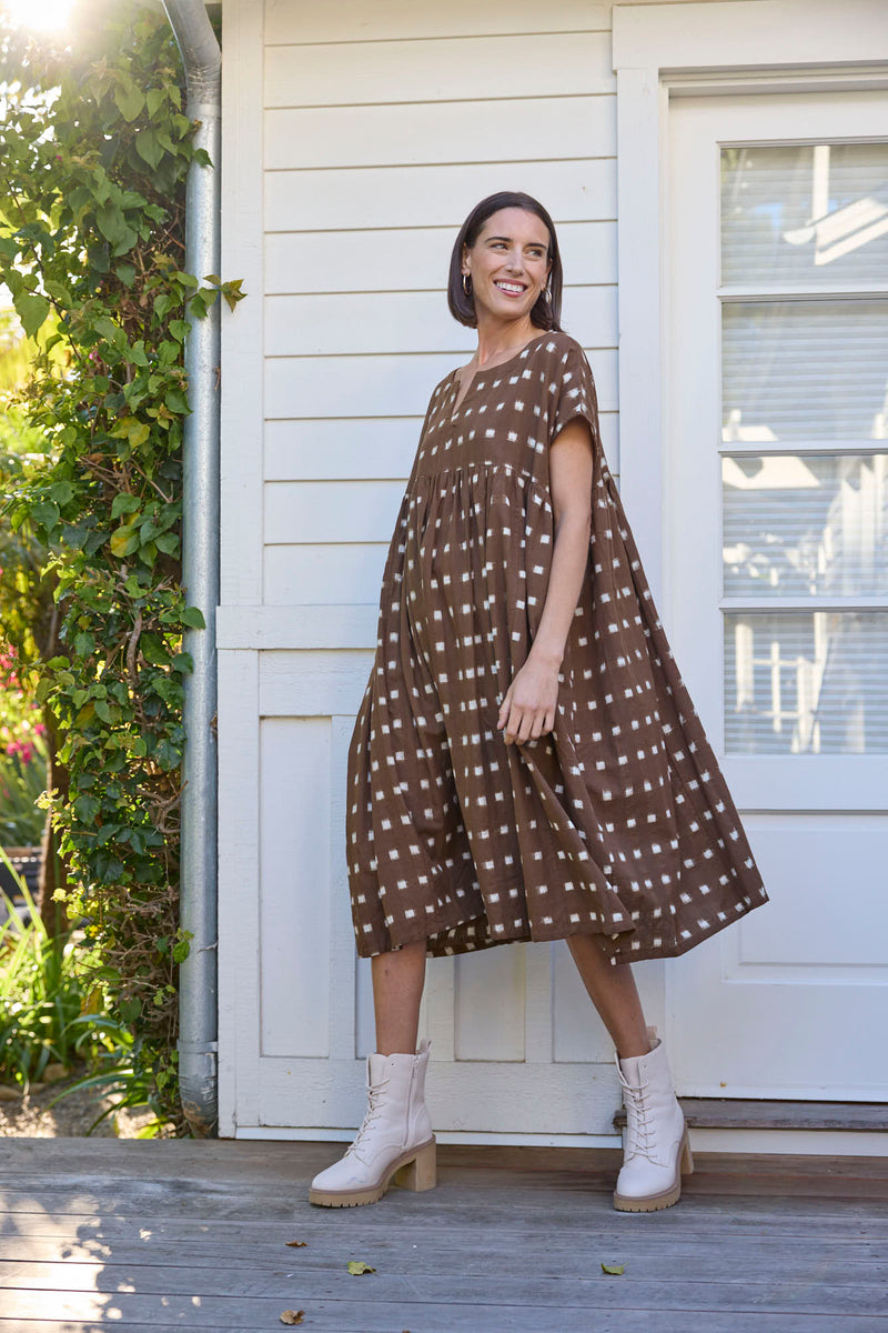 Meadow Dress -                                      Ikat Squares Mocha