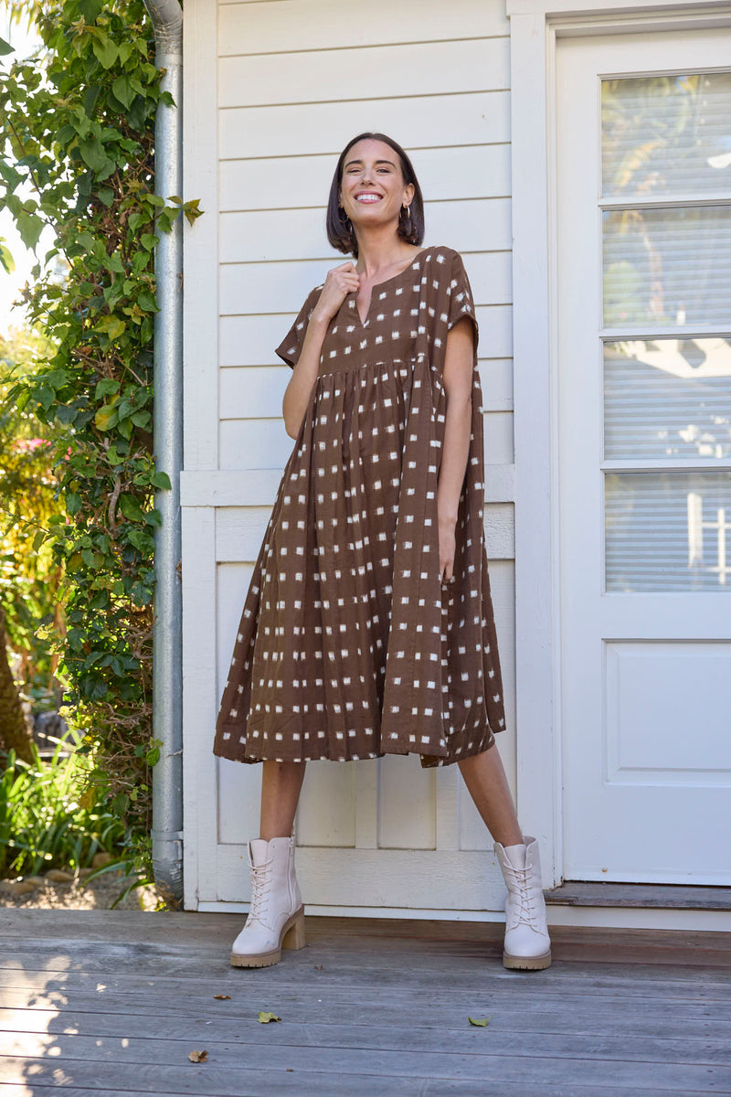 Meadow Dress -                                      Ikat Squares Mocha