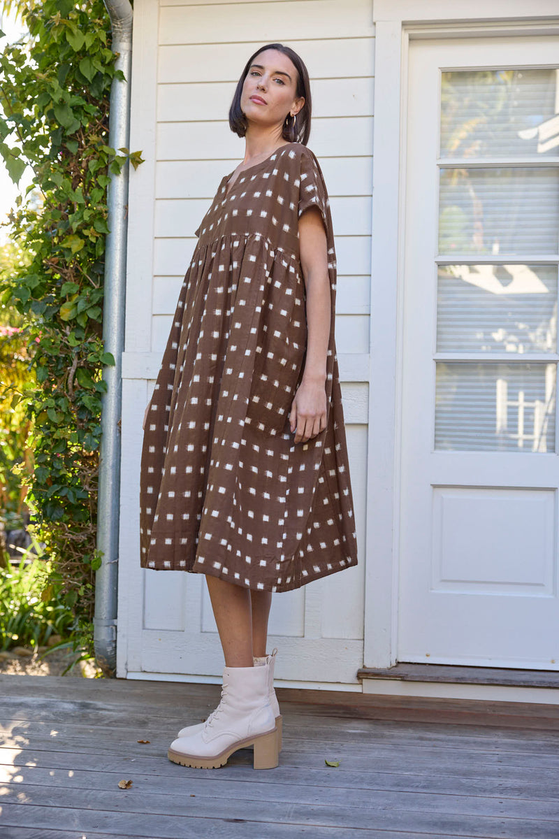 Meadow Dress -                                      Ikat Squares Mocha