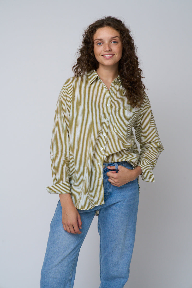 Good Boyfriend Shirt - Menswear Stripe Olive Oil