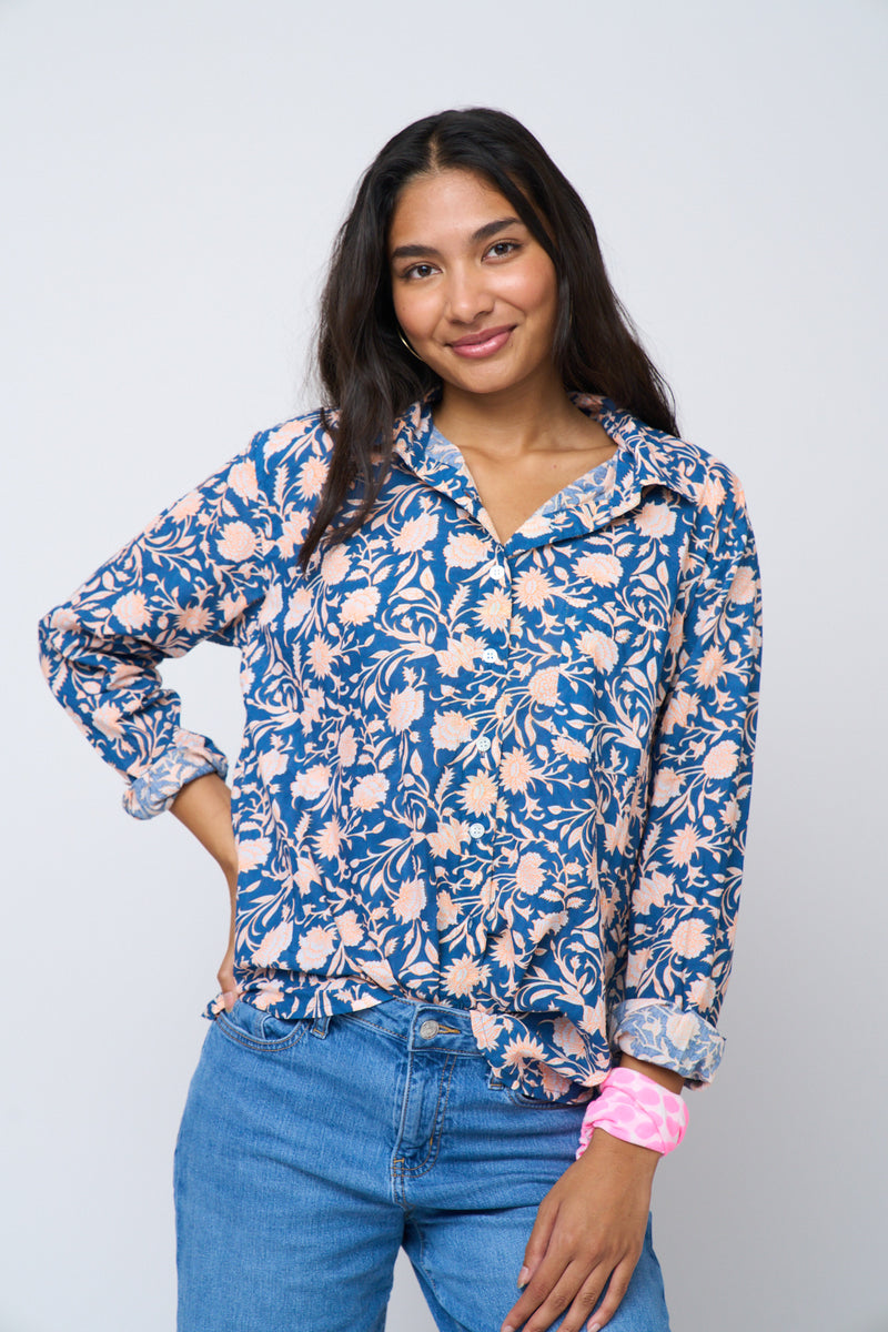 Good Boyfriend Shirt - Floral Escape True Navy & Neon Peach