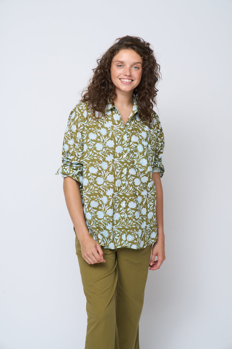 Good Boyfriend Shirt - Floral Escape Olive Oil & Cerulean