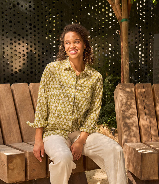 Bee Happy good boyfriend long sleeve button down shirt with Bee Print on neutral, natural, green color Olive