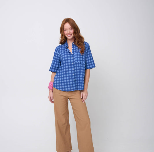 Good Boyfriend Short Sleeve Shirt - Gingham Picnic Overdye Cornflower Blue 1 - Front