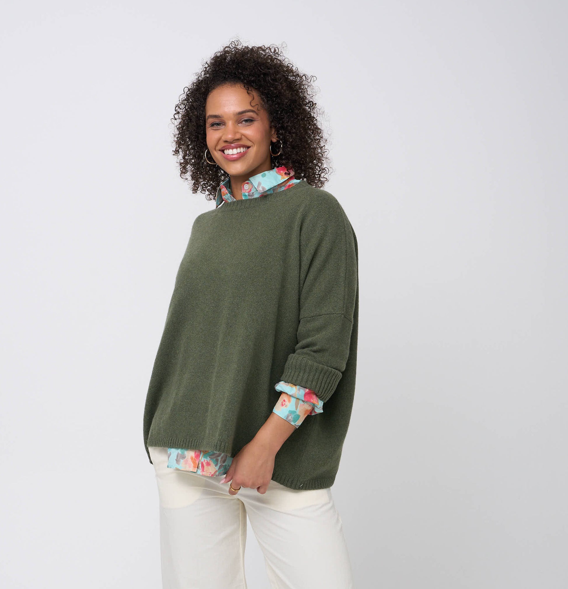 Nantucket Boxy Recycled Cashmere Sweater - Olive Oil 5 - Side - Front