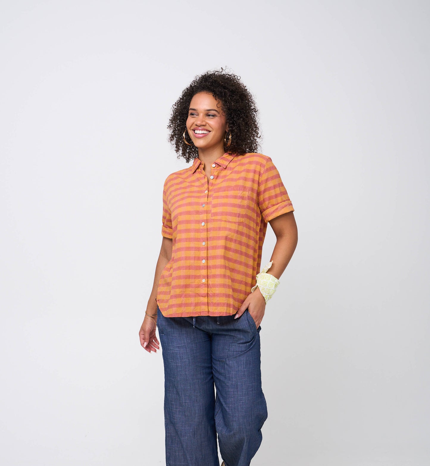 Good Boyfriend Short Sleeve Shirt - Gingham Picnic Overdye Fawn 1 - Front