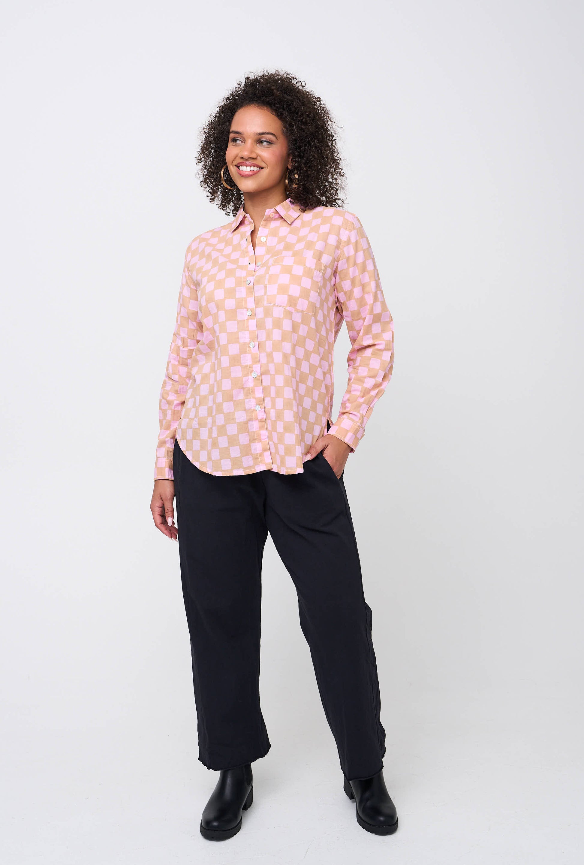 Good Boyfriend Shirt - Checkerboard Overdye Tickled Pink on Baked Clay 3