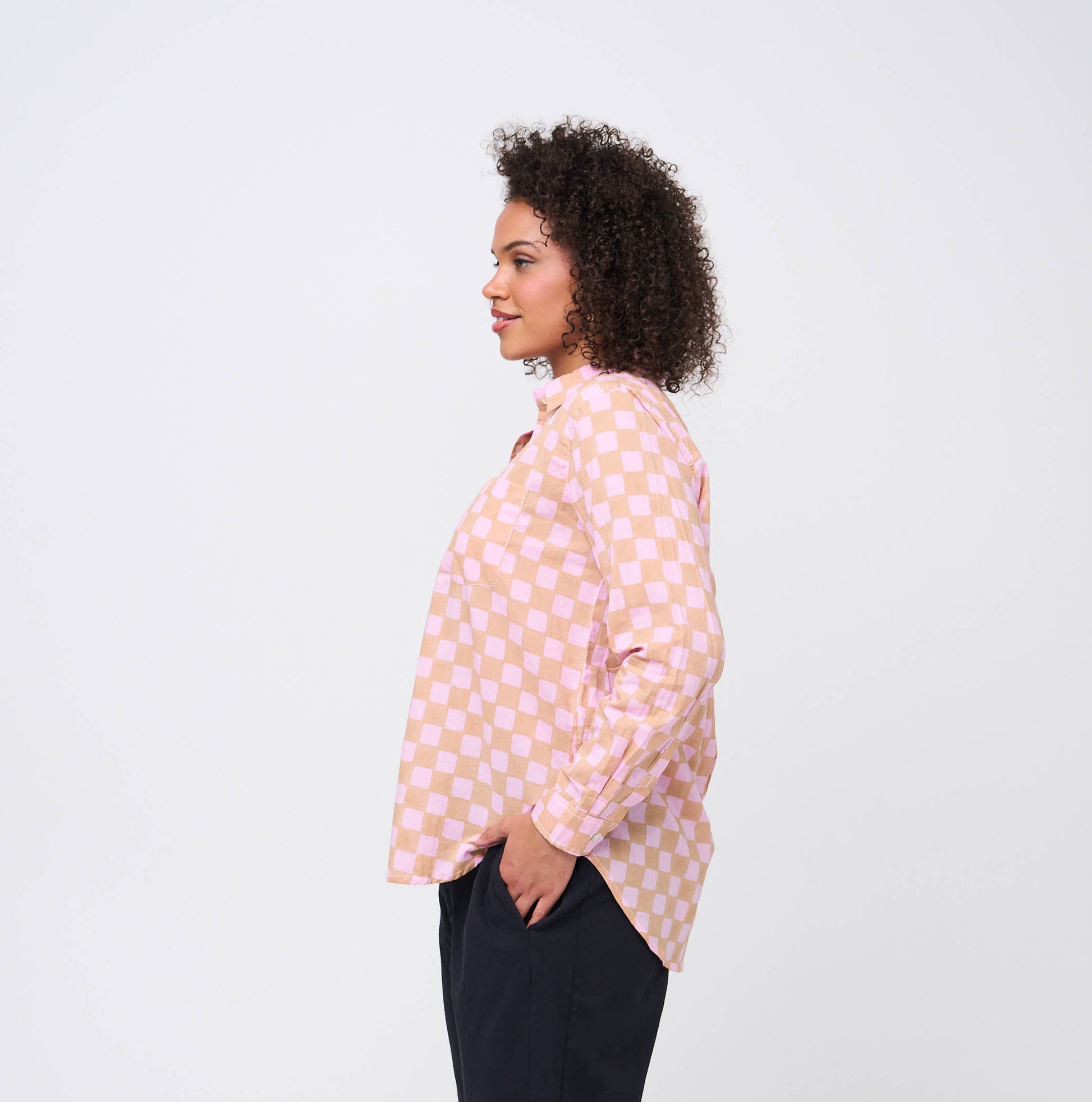 Good Boyfriend Shirt - Checkerboard Overdye Tickled Pink on Baked Clay 4 Side