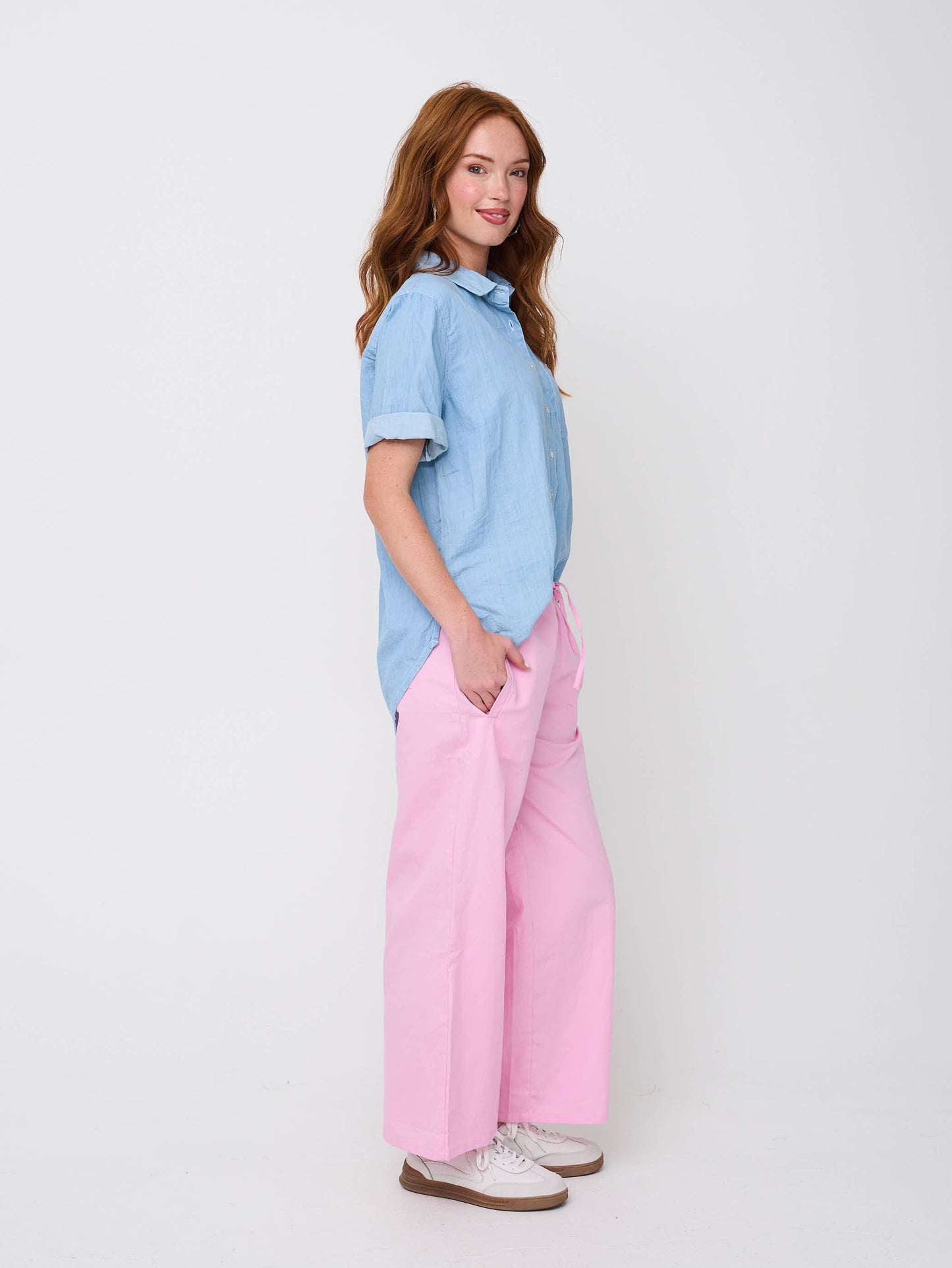 Shore Pant - Tickled Pink Twill 5 - Side - studio