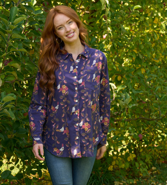 Good Boyfriend Shirt - Birdie On A Vine Navy 1 - Front