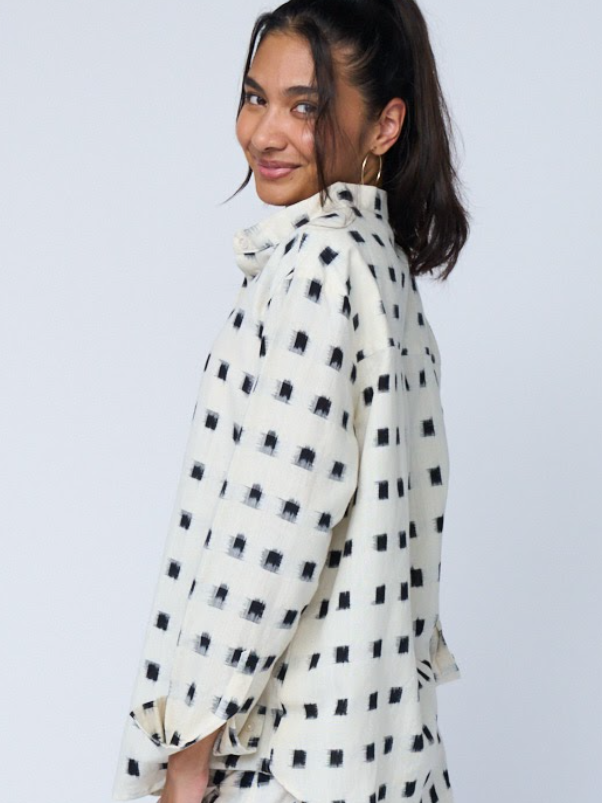 Good Boyfriend Shirt with Mandarin Collar - Ikat Squares