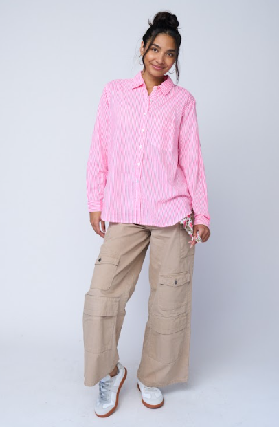 Good Boyfriend Shirt - Menswear Stripe Neon Pink