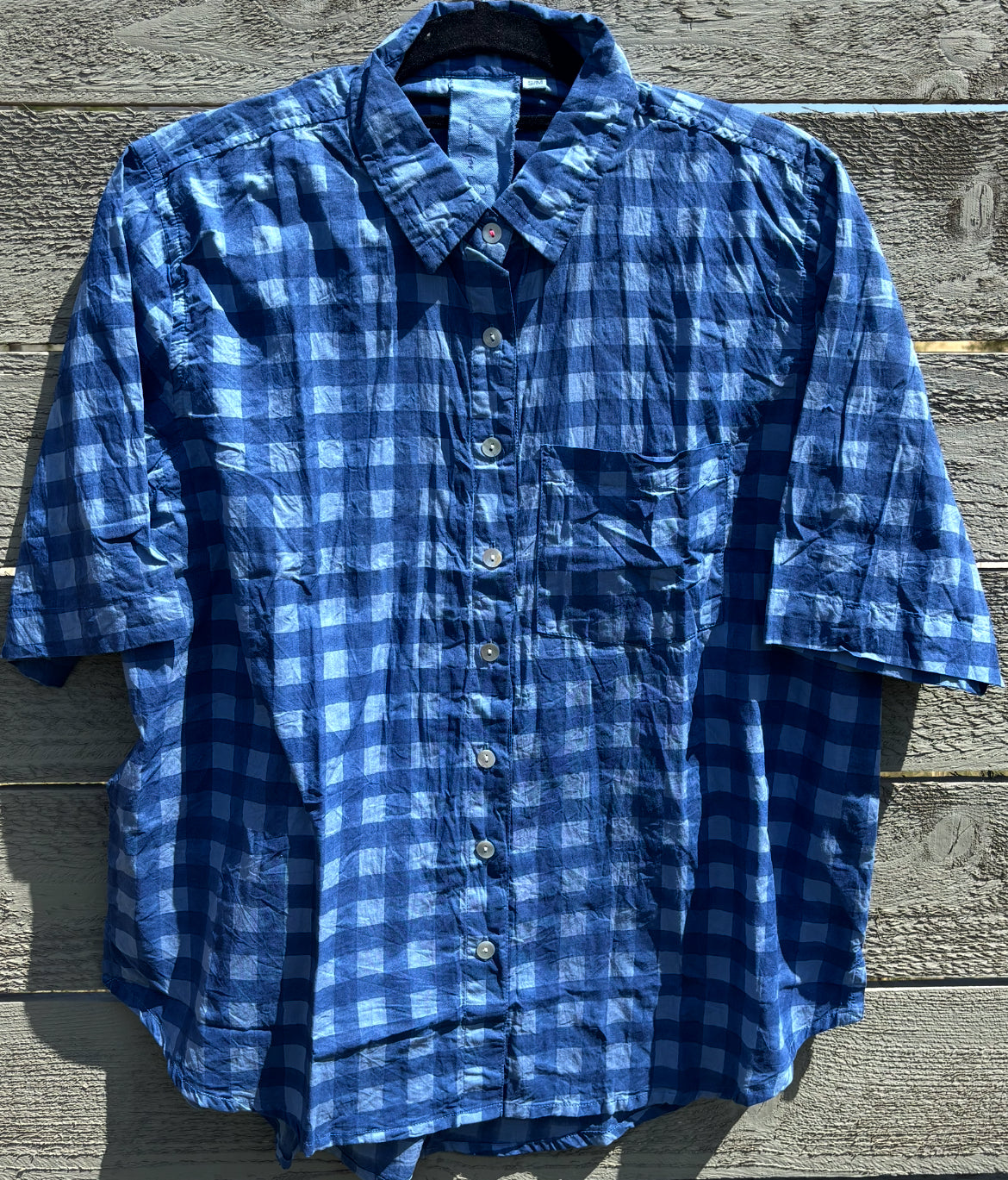 Good Boyfriend Short Sleeve Shirt - Gingham Picnic Overdye Cornflower Blue 2 - On fence