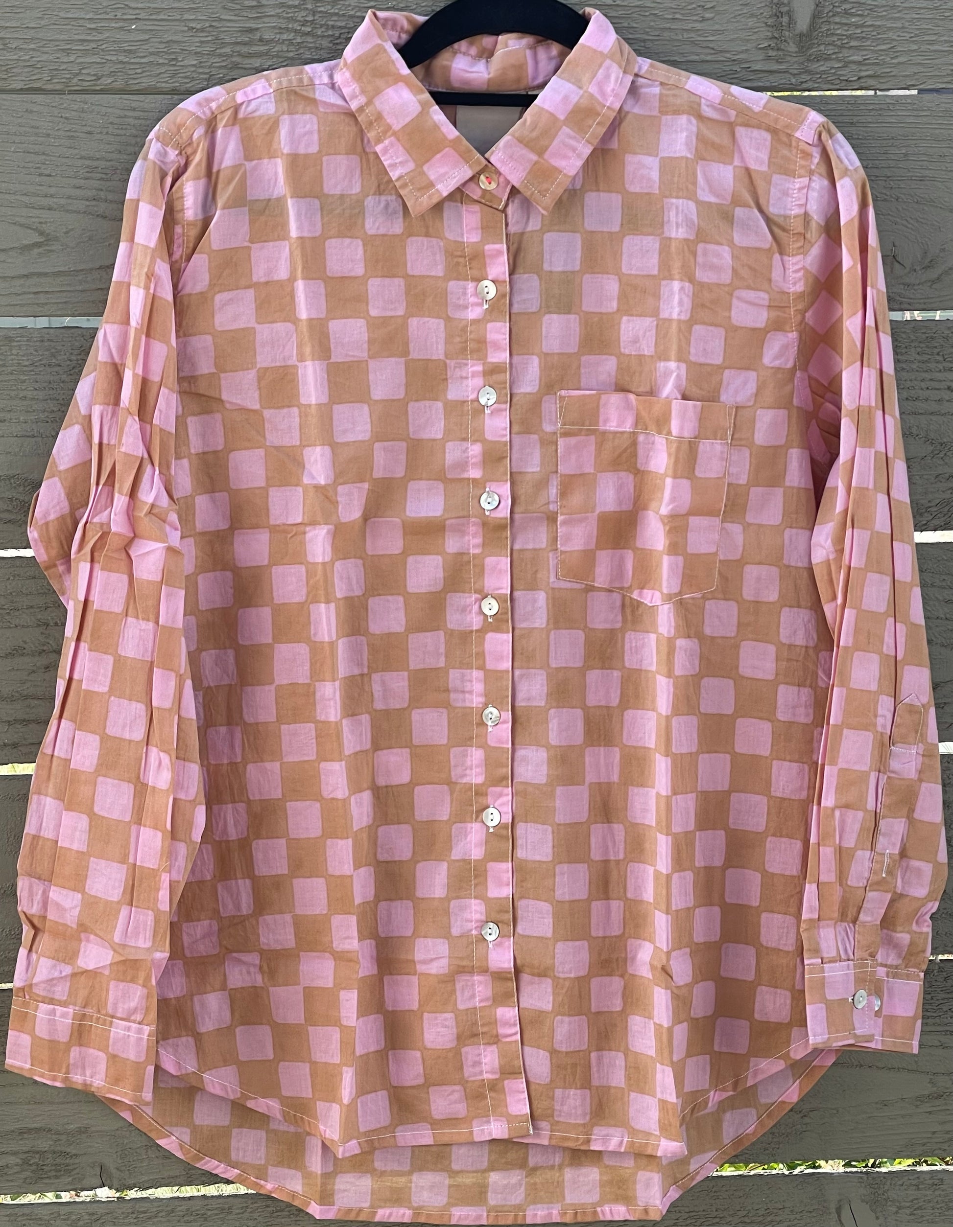 Good Boyfriend Shirt - Checkerboard Overdye Tickled Pink on Baked Clay 6 Hanging
