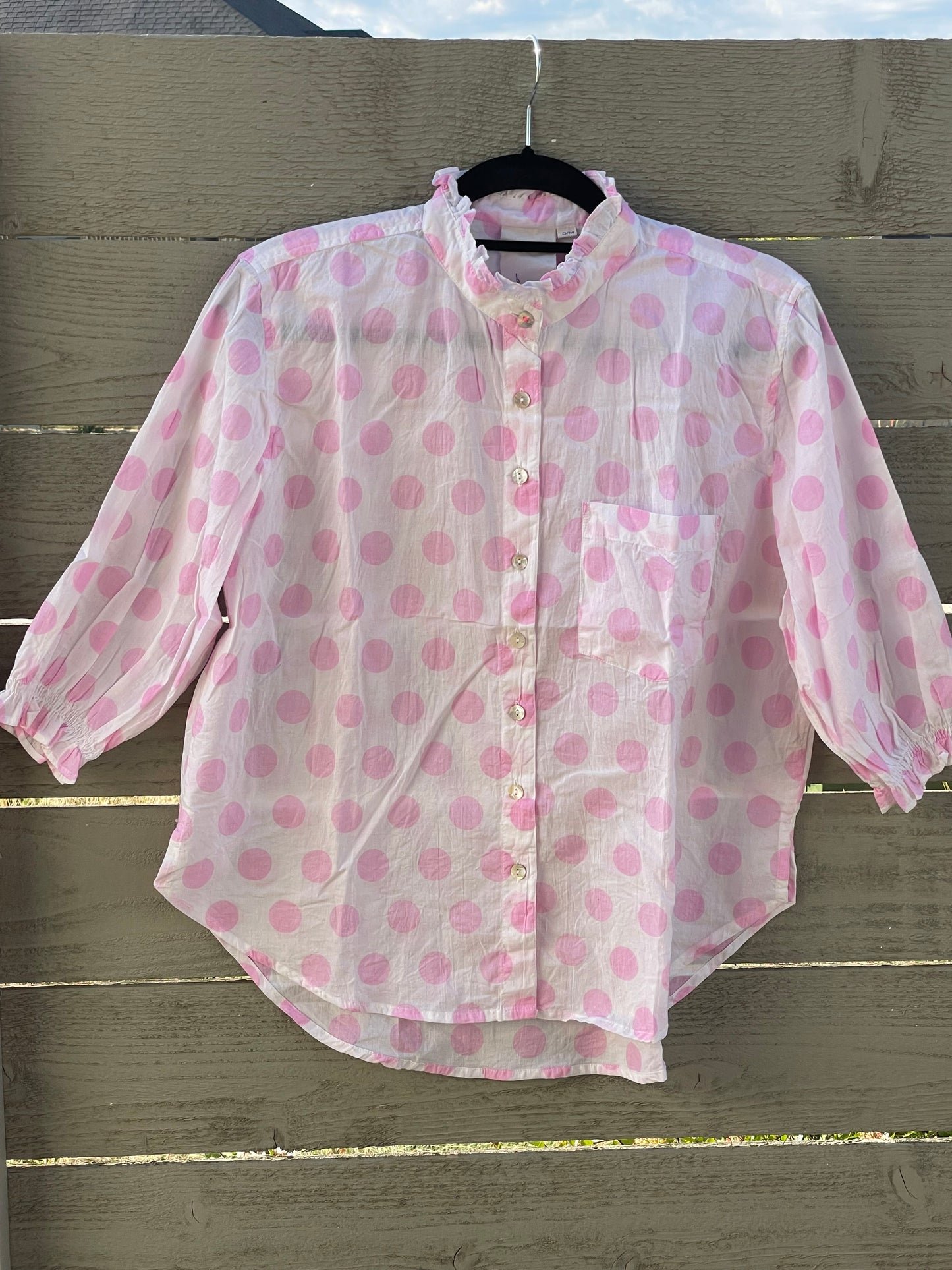 Good Girlfriend Shirt with Ruffle Trim - True Dot Tickled Pink 5 - On fence