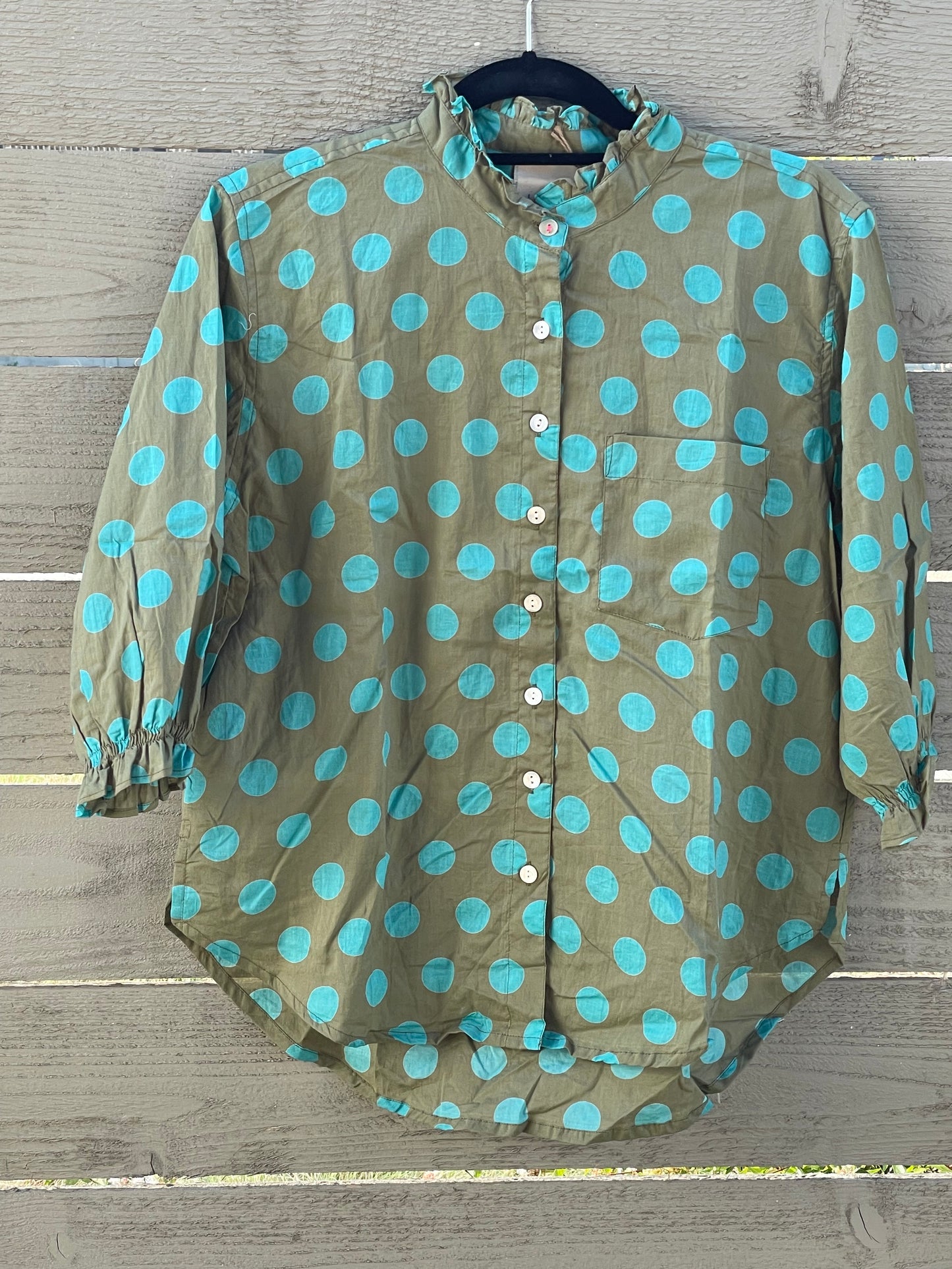 Good Girlfriend Shirt with Ruffle Trim - True Dot Olive/Cerulean 5 - On fence