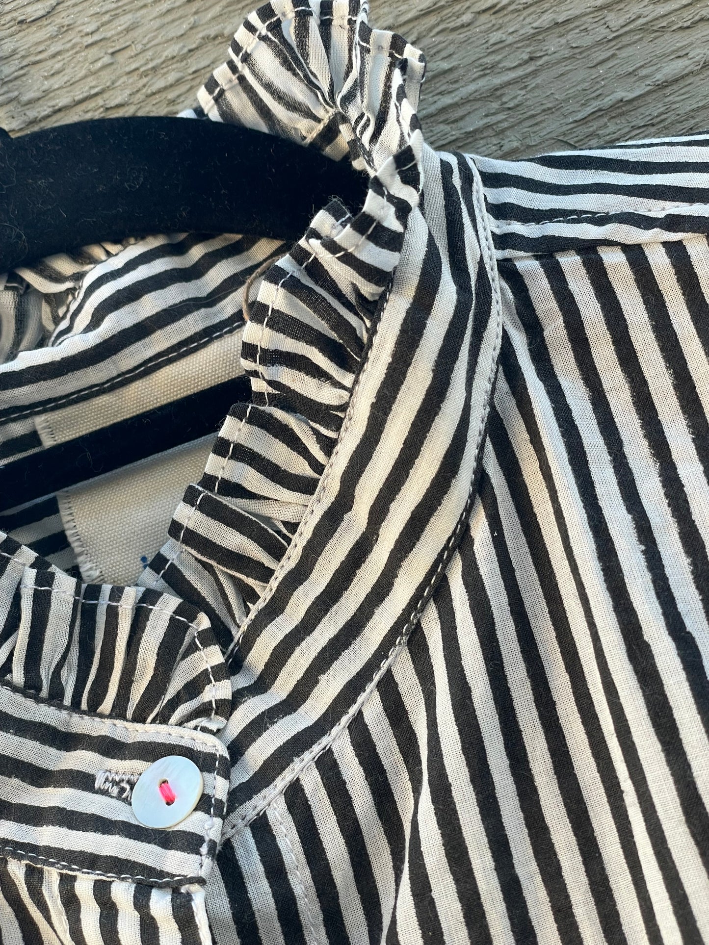 Good Girlfriend Shirt with Ruffle Trim Menswear Stripe Black 7 - Collar close up