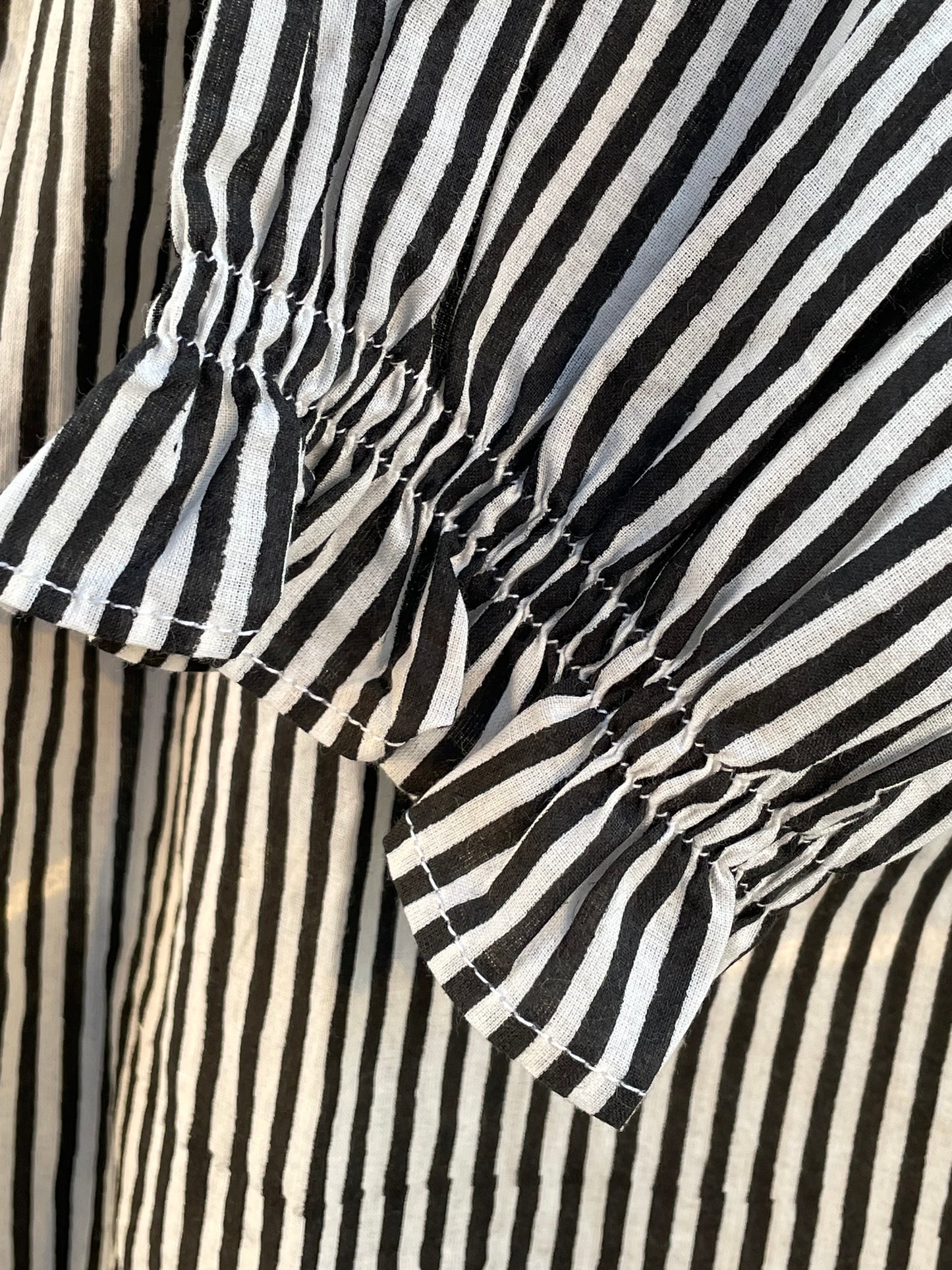Good Girlfriend Shirt with Ruffle Trim Menswear Stripe Black 6 - Ruffle sleeve close up