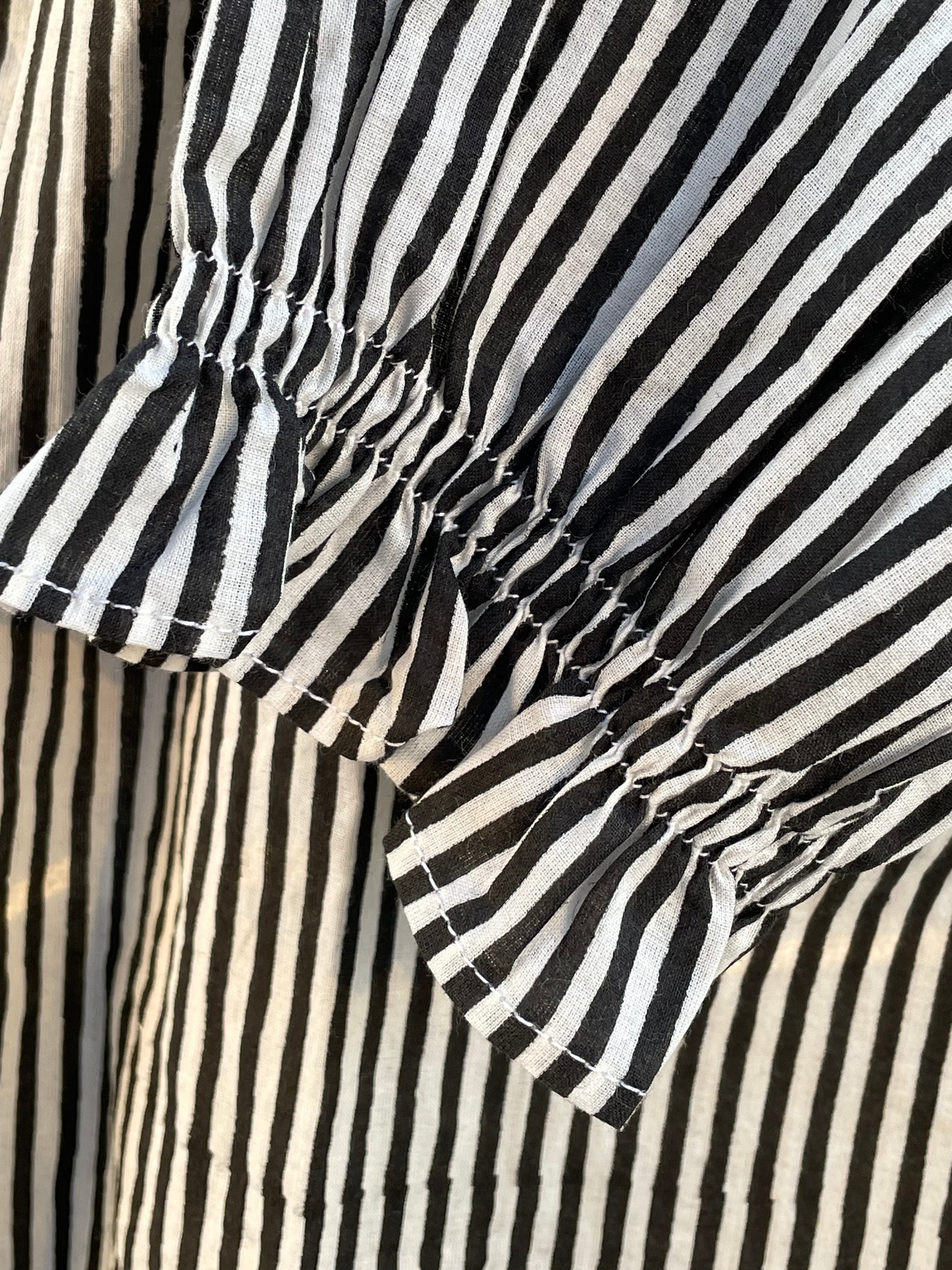 Good Girlfriend Shirt with Ruffle Trim Menswear Stripe Black 6 - Ruffle sleeve close up