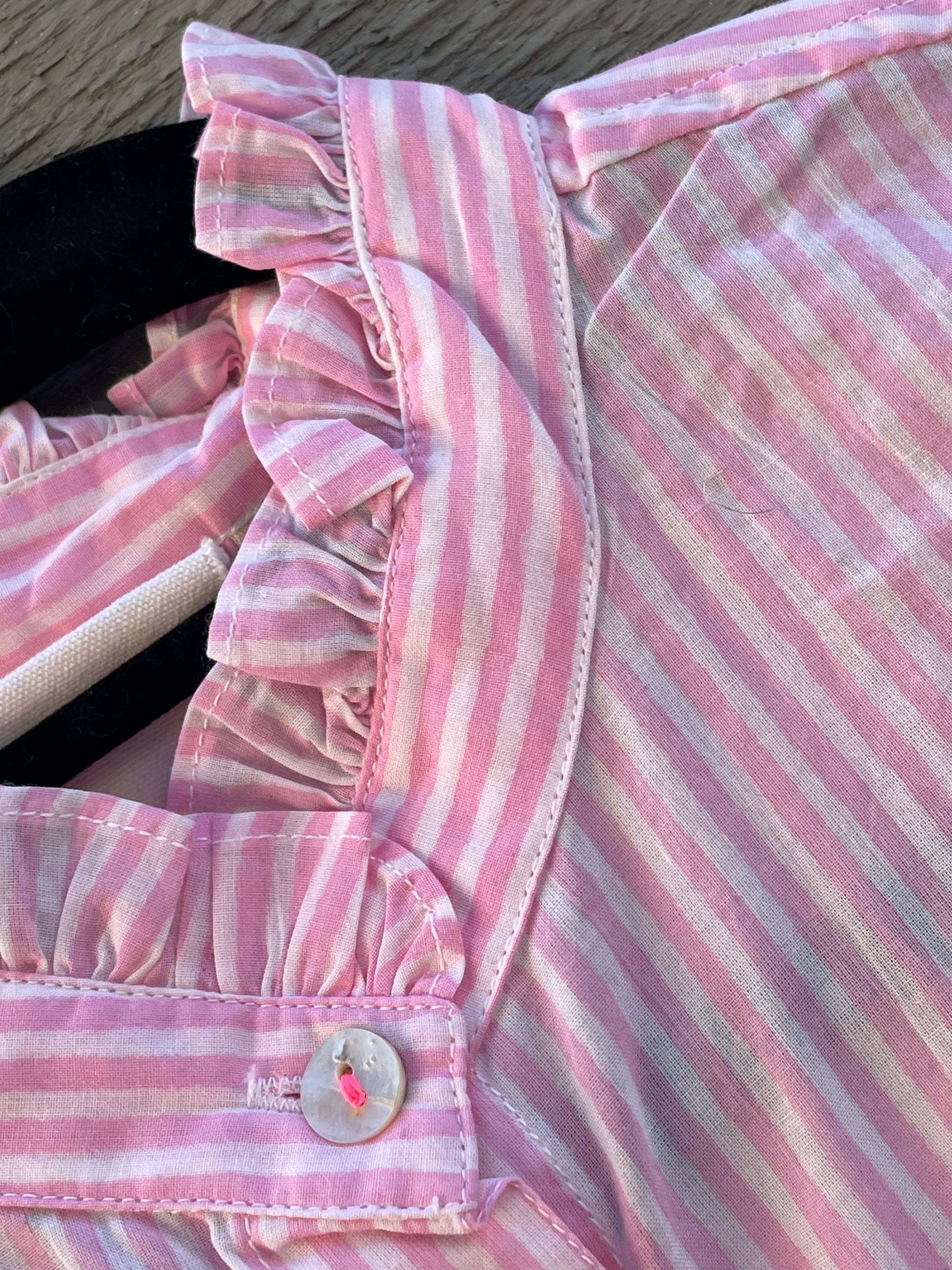 Good Girlfriend Shirt with Ruffle Trim Menswear Stripe Tickled Pink 7 - Collar close up