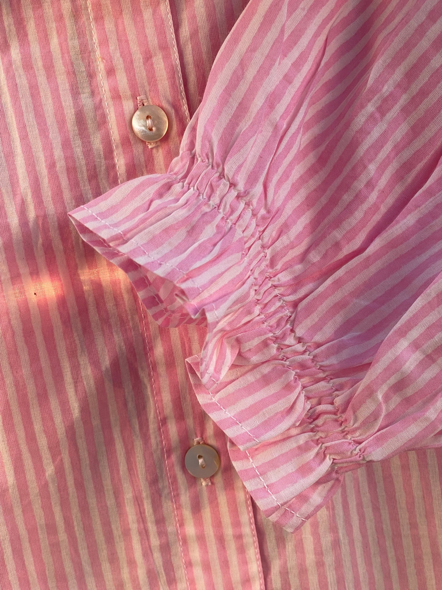 Good Girlfriend Shirt with Ruffle Trim Menswear Stripe Tickled Pink 5 - Sleeve close up