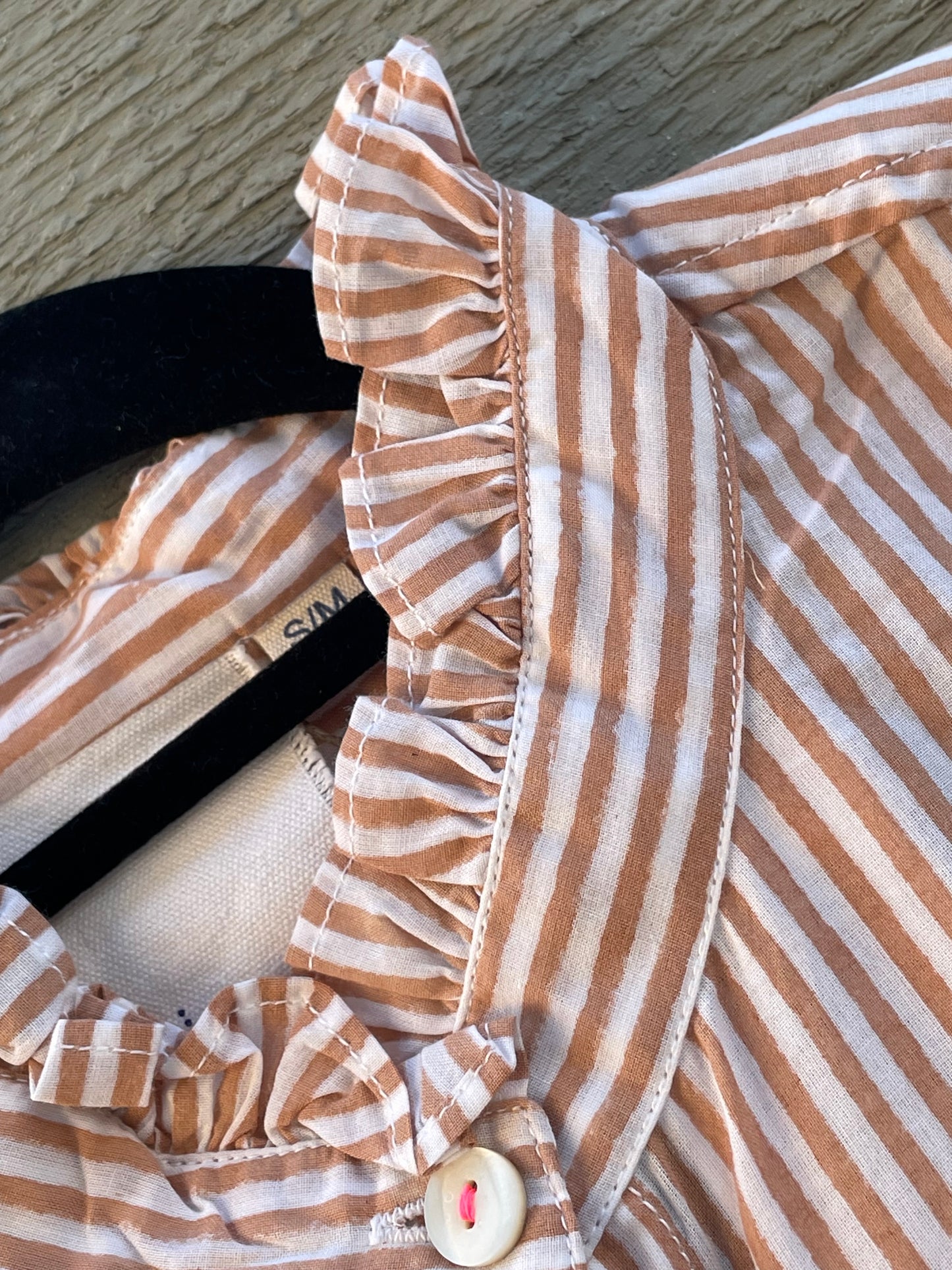 Good Girlfriend Shirt with Ruffle Trim Menswear Stripe Mocha 4 - Collar close up