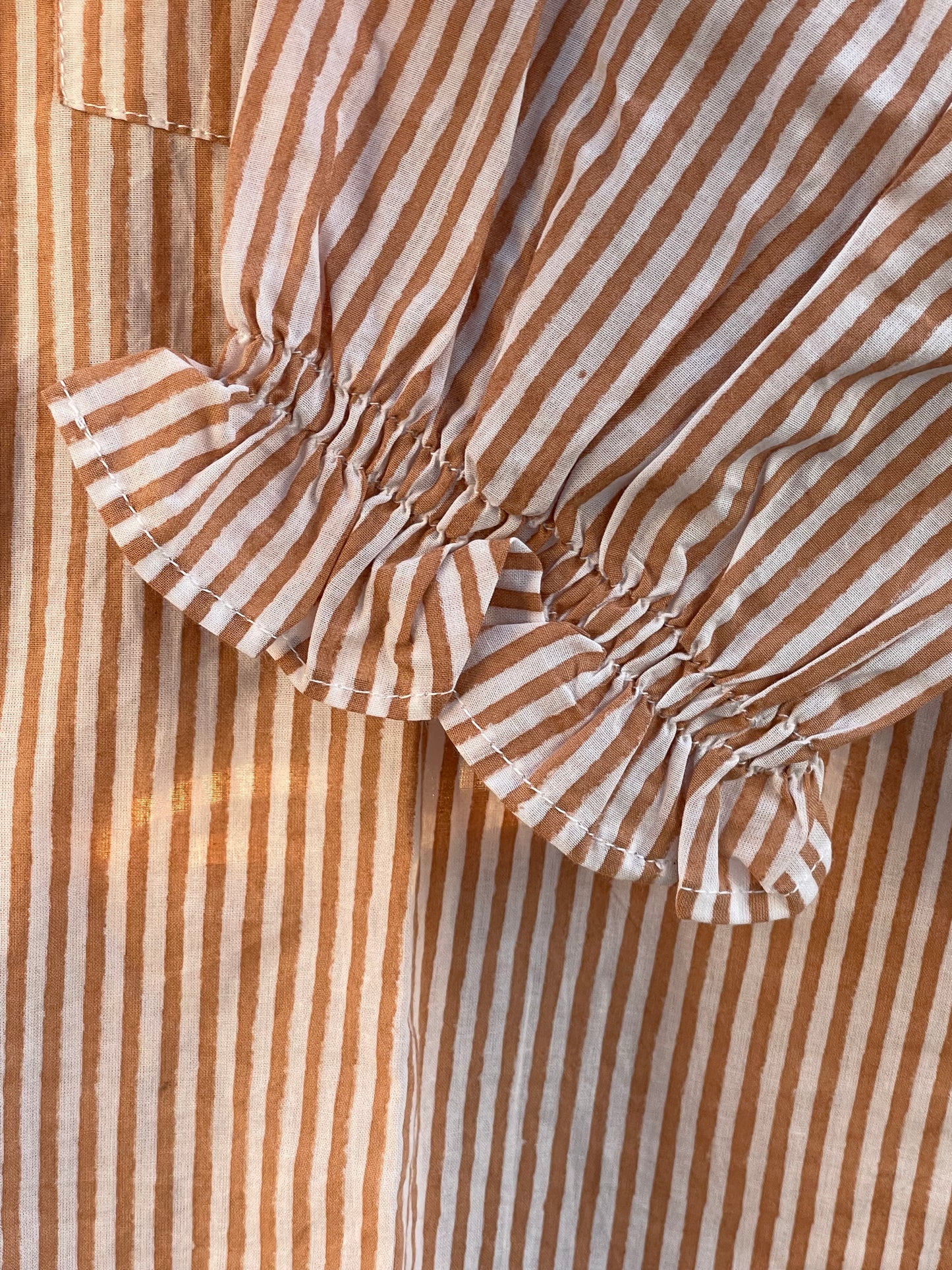Good Girlfriend Shirt with Ruffle Trim Menswear Stripe Mocha 5 - Sleeve close up