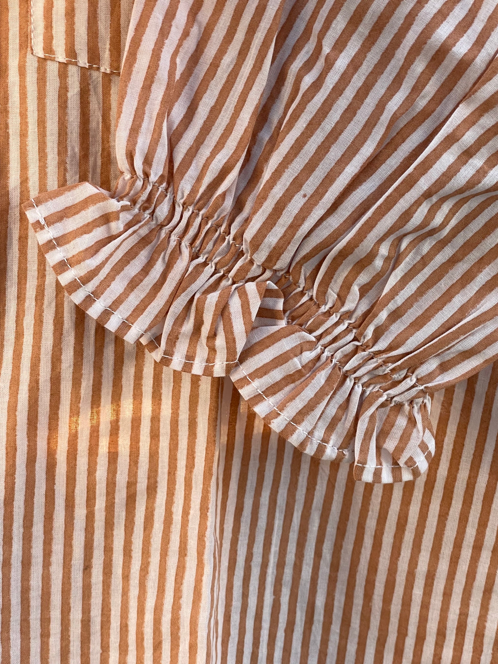 Good Girlfriend Shirt with Ruffle Trim Menswear Stripe Mocha 5 - Sleeve close up