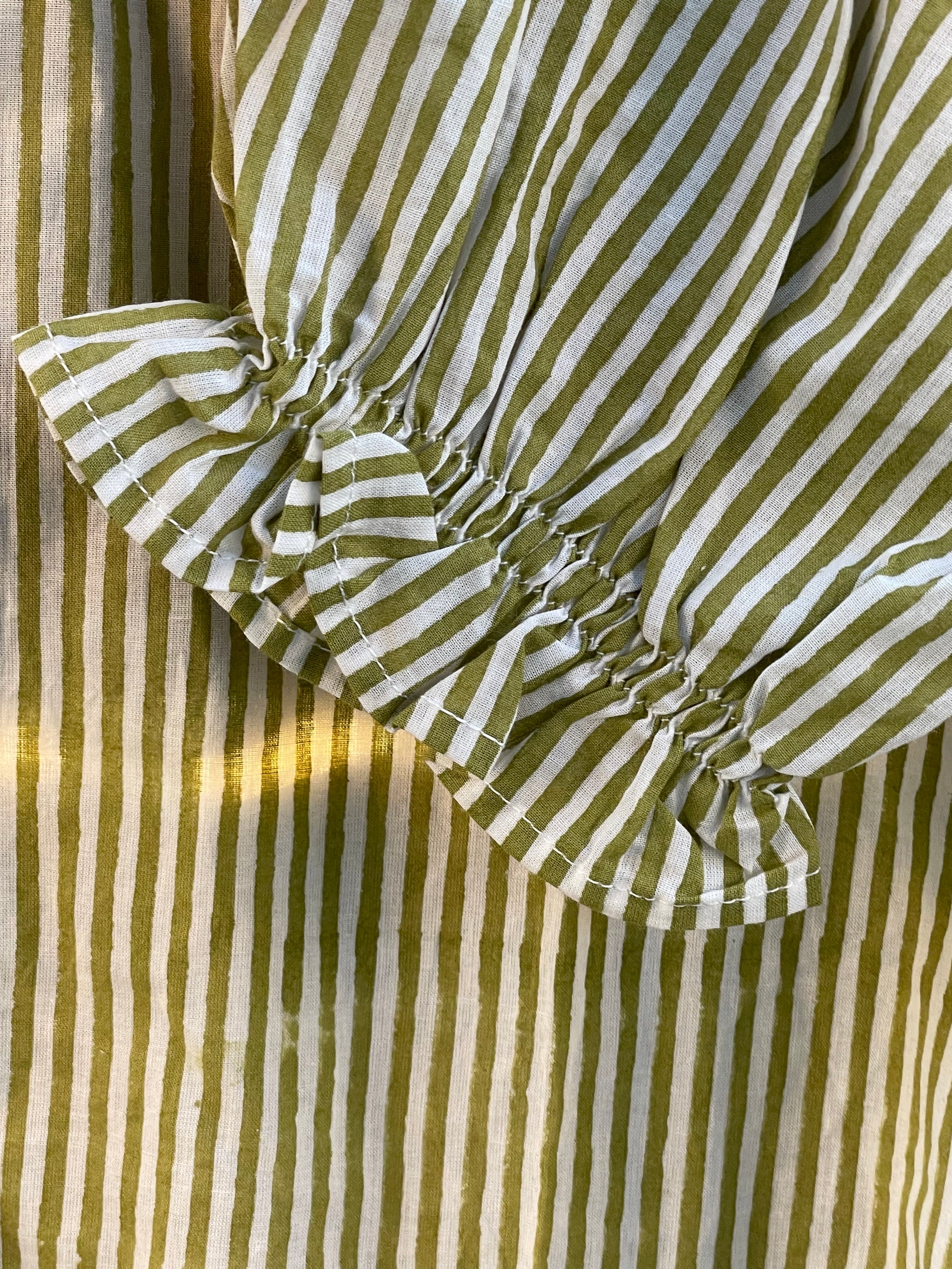 Good Girlfriend Shirt with Ruffle Trim Menswear Stripe Olive 6 - Sleeve close up