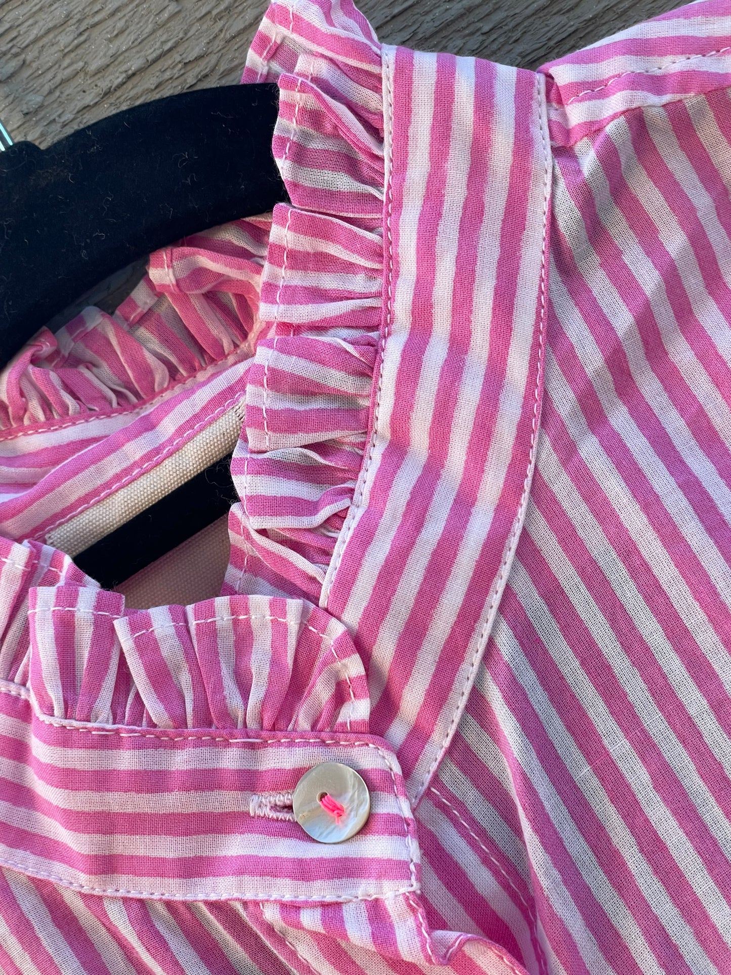 Good Girlfriend Shirt with Ruffle Trim Menswear Stripe Dahlia 5 - Collar Close up