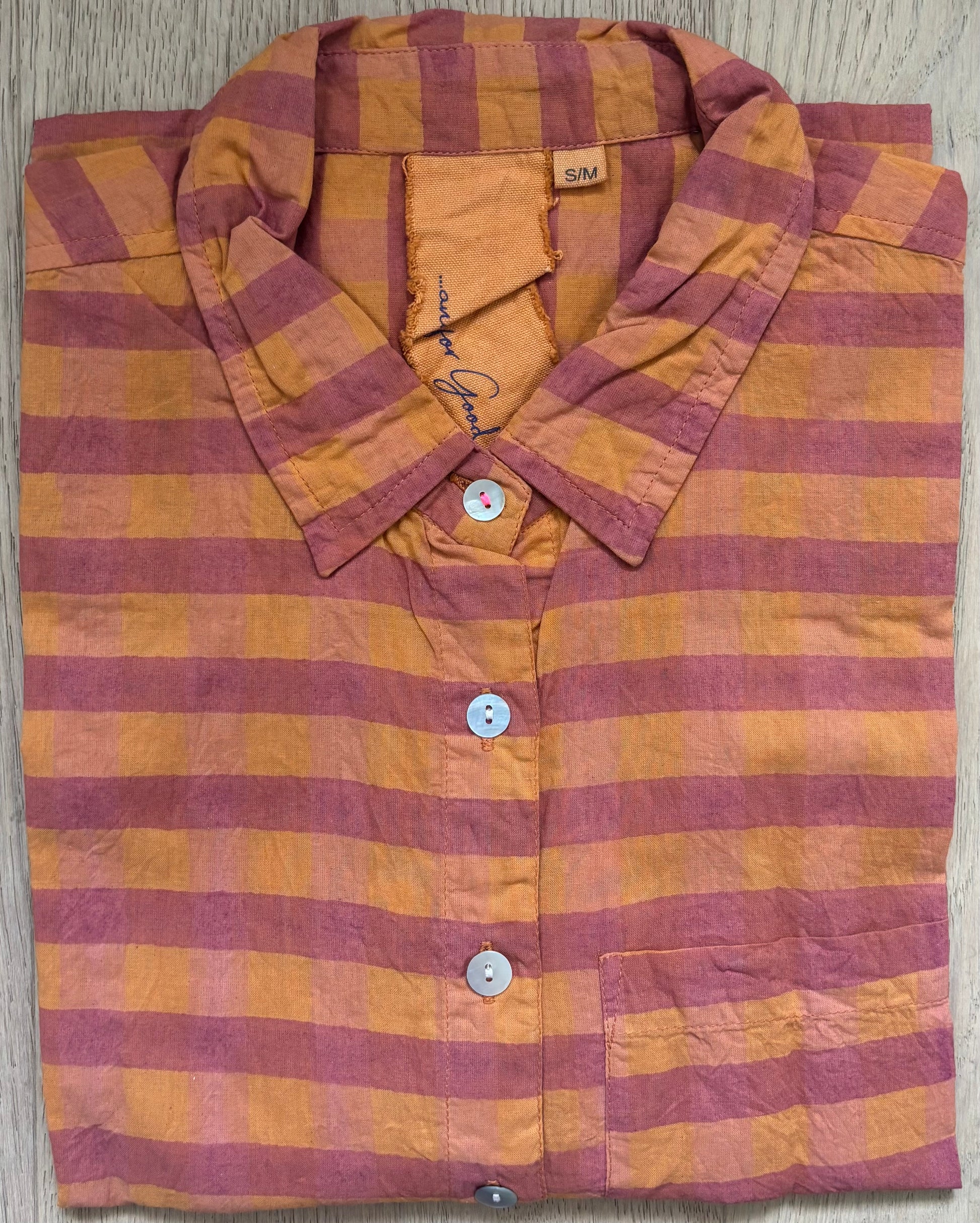 Good Boyfriend Short Sleeve Shirt - Gingham Picnic Overdye Fawn 2 - Folded