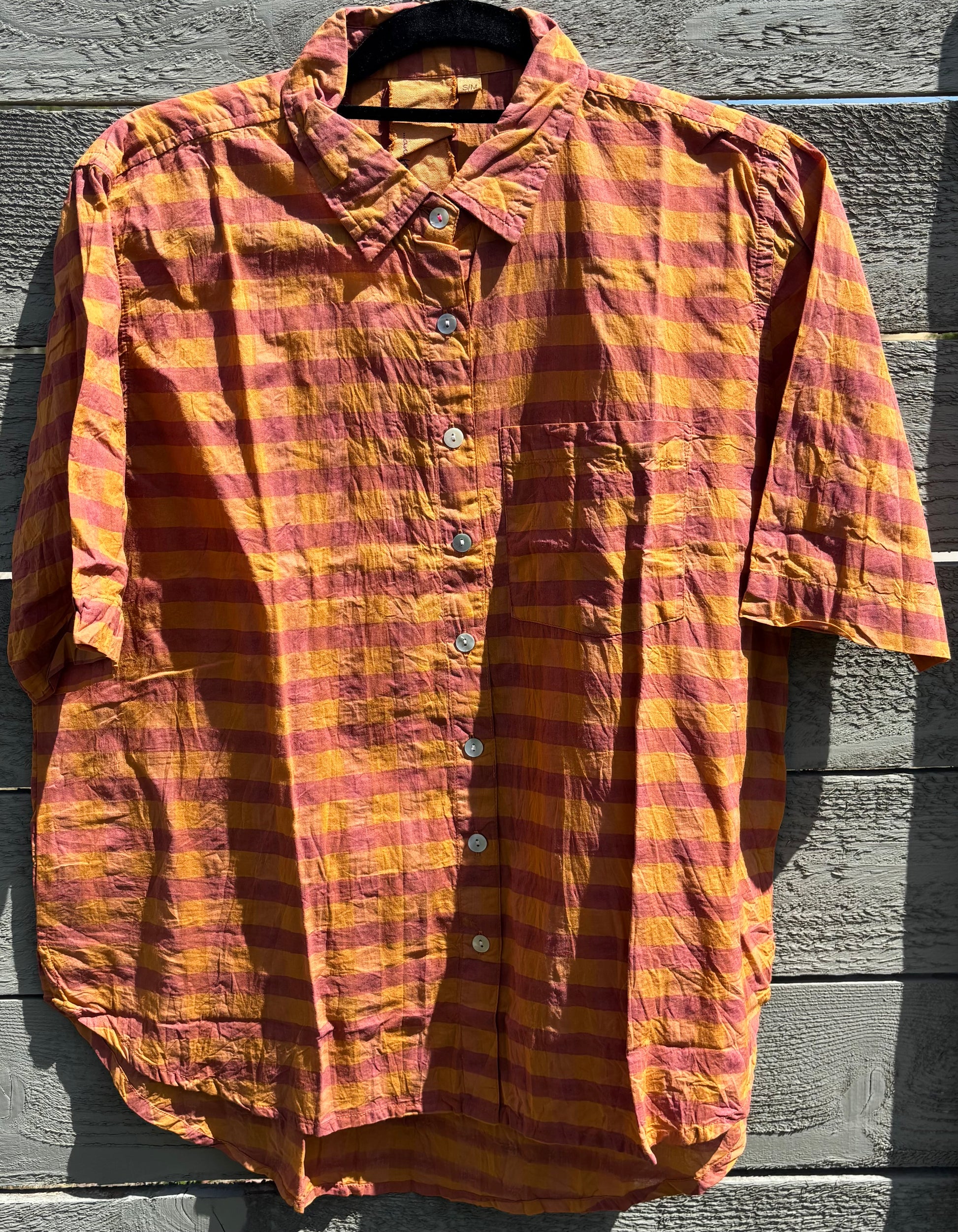 Good Boyfriend Short Sleeve Shirt - Gingham Picnic Overdye Fawn 3 - On fence