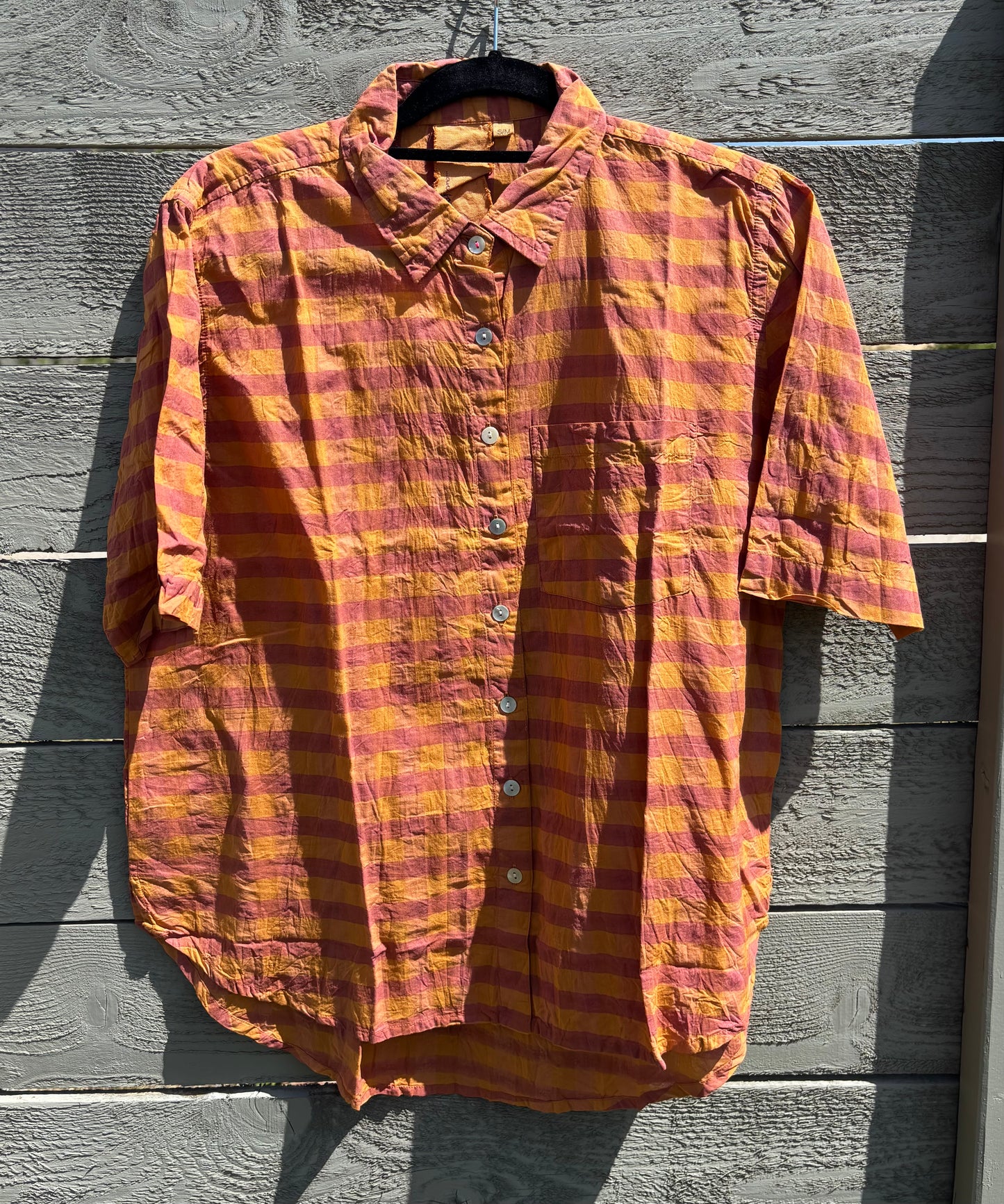 Good Boyfriend Short Sleeve Shirt - Gingham Picnic Overdye Fawn 4 - On fence