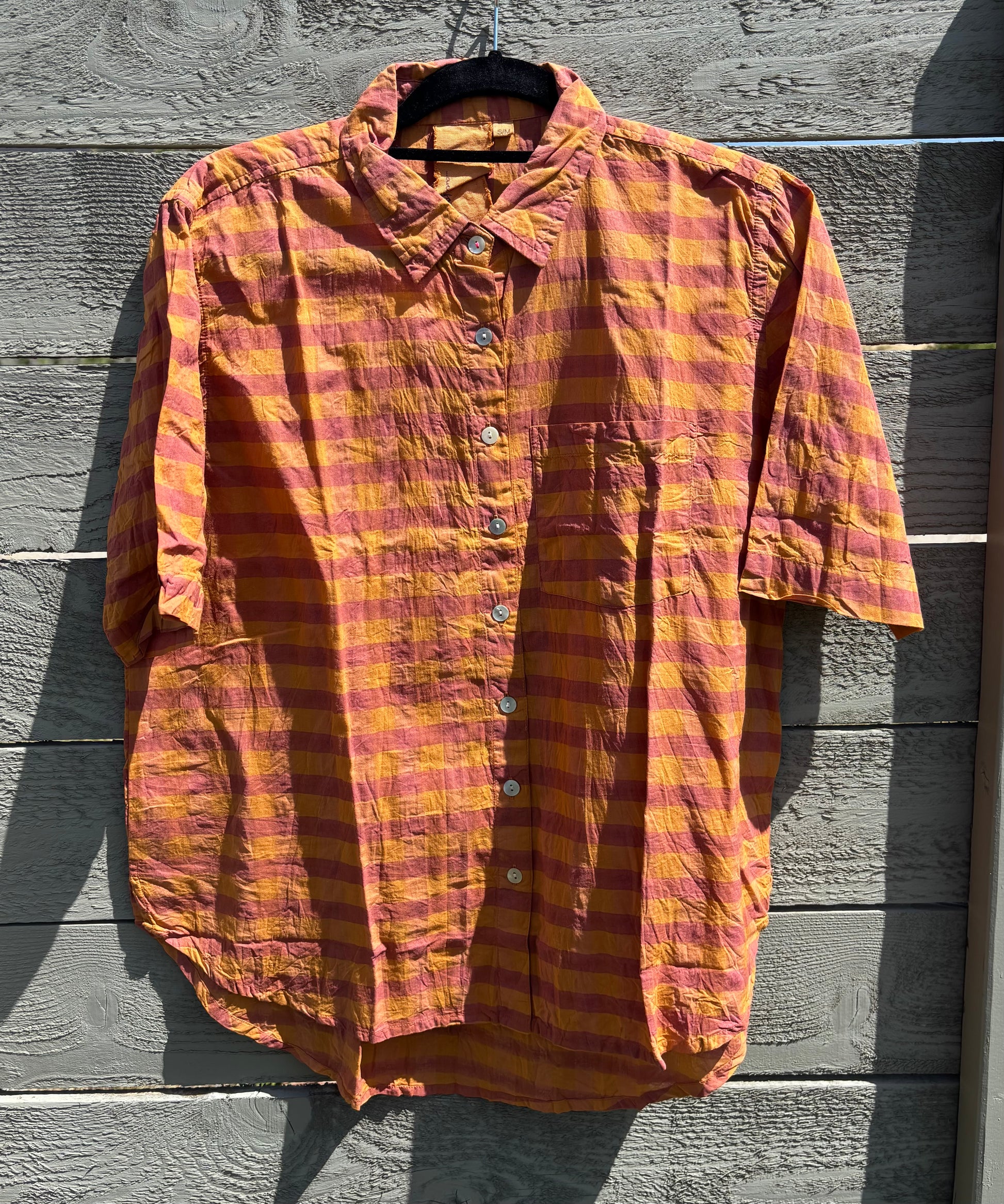 Good Boyfriend Short Sleeve Shirt - Gingham Picnic Overdye Fawn 4 - On fence