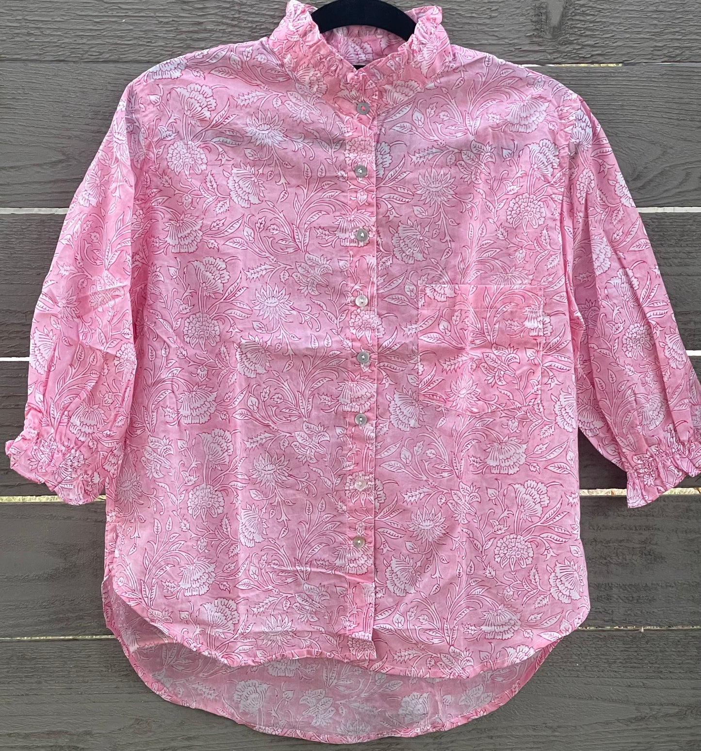 Good Girlfriend Shirt with Ruffle Trim Floral Escape Tickled Pink/Rose