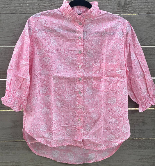Good Girlfriend Shirt with Ruffle Trim Floral Escape Tickled Pink/Rose