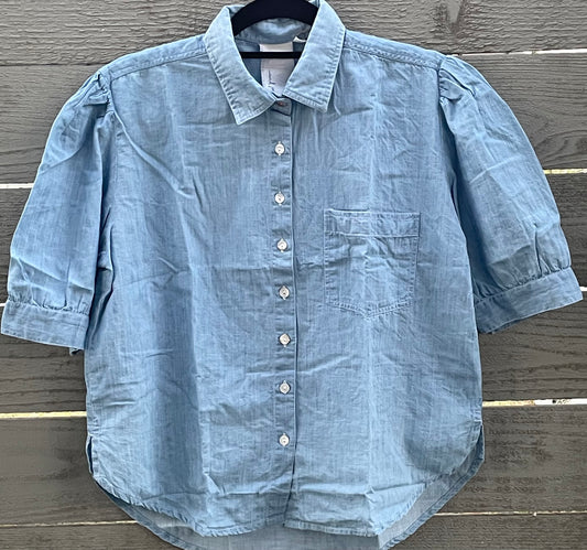 Good Girlfriend Shirt - Chambray Light Wash 1 - On fence