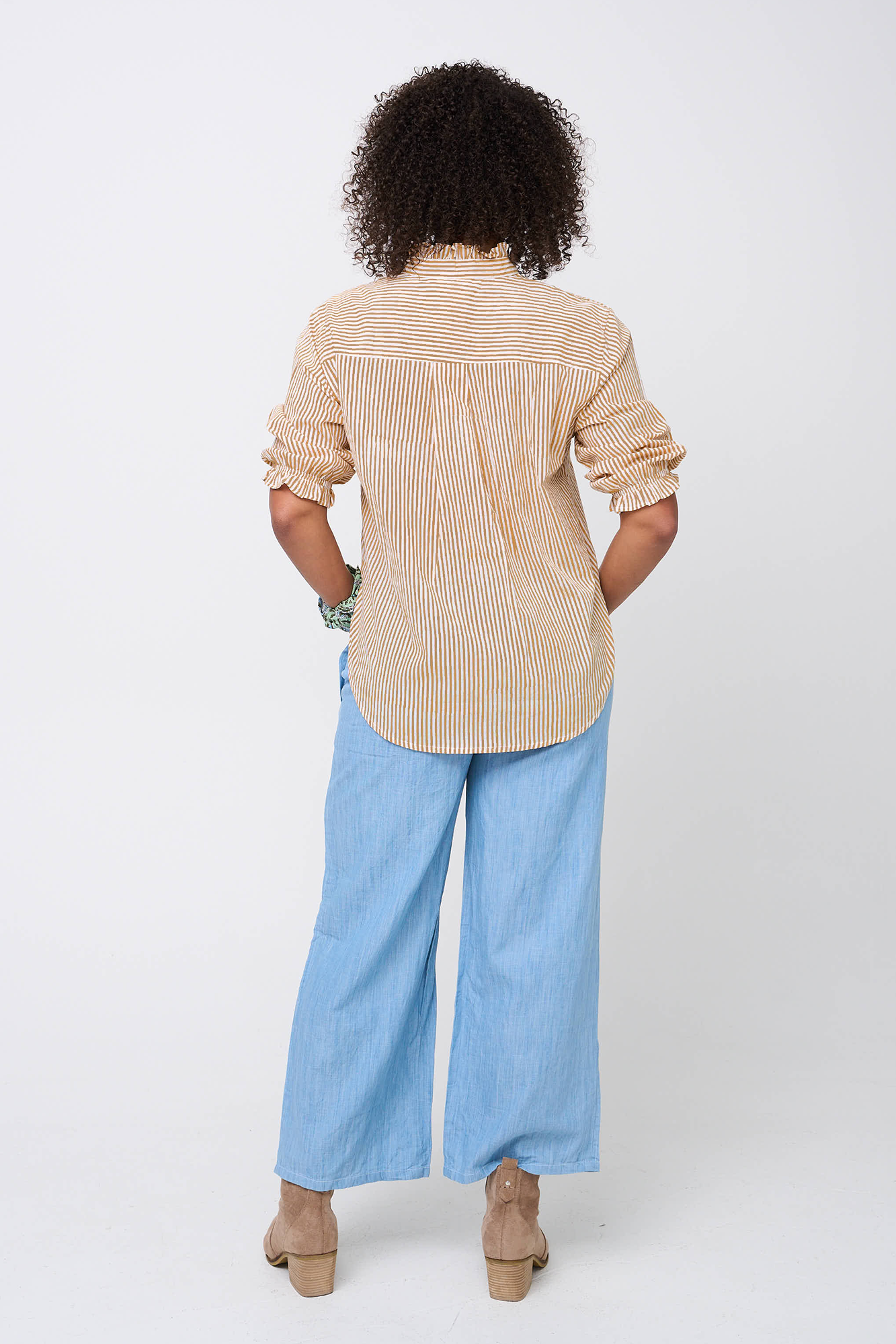 Good Girlfriend Shirt with Ruffle Trim Menswear Stripe Mocha 3 - Back 