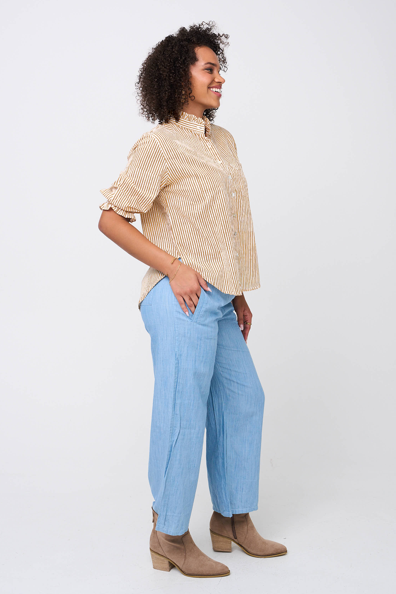 Good Girlfriend Shirt with Ruffle Trim Menswear Stripe Mocha 2 - Side